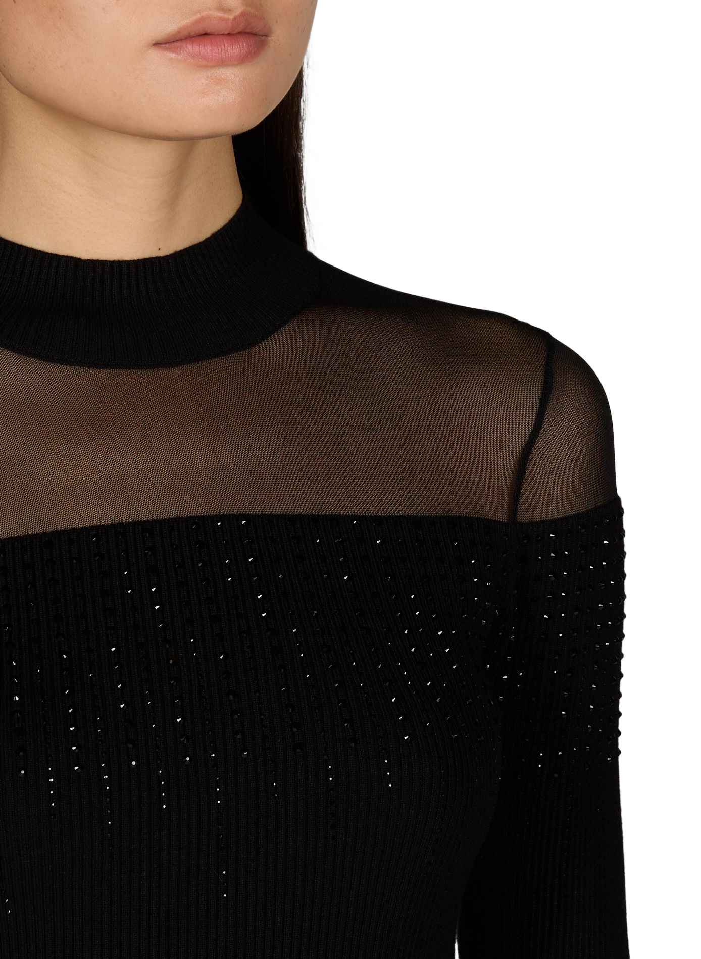 Ribbed sweater with transparent panel and rhinestones GUESS Black