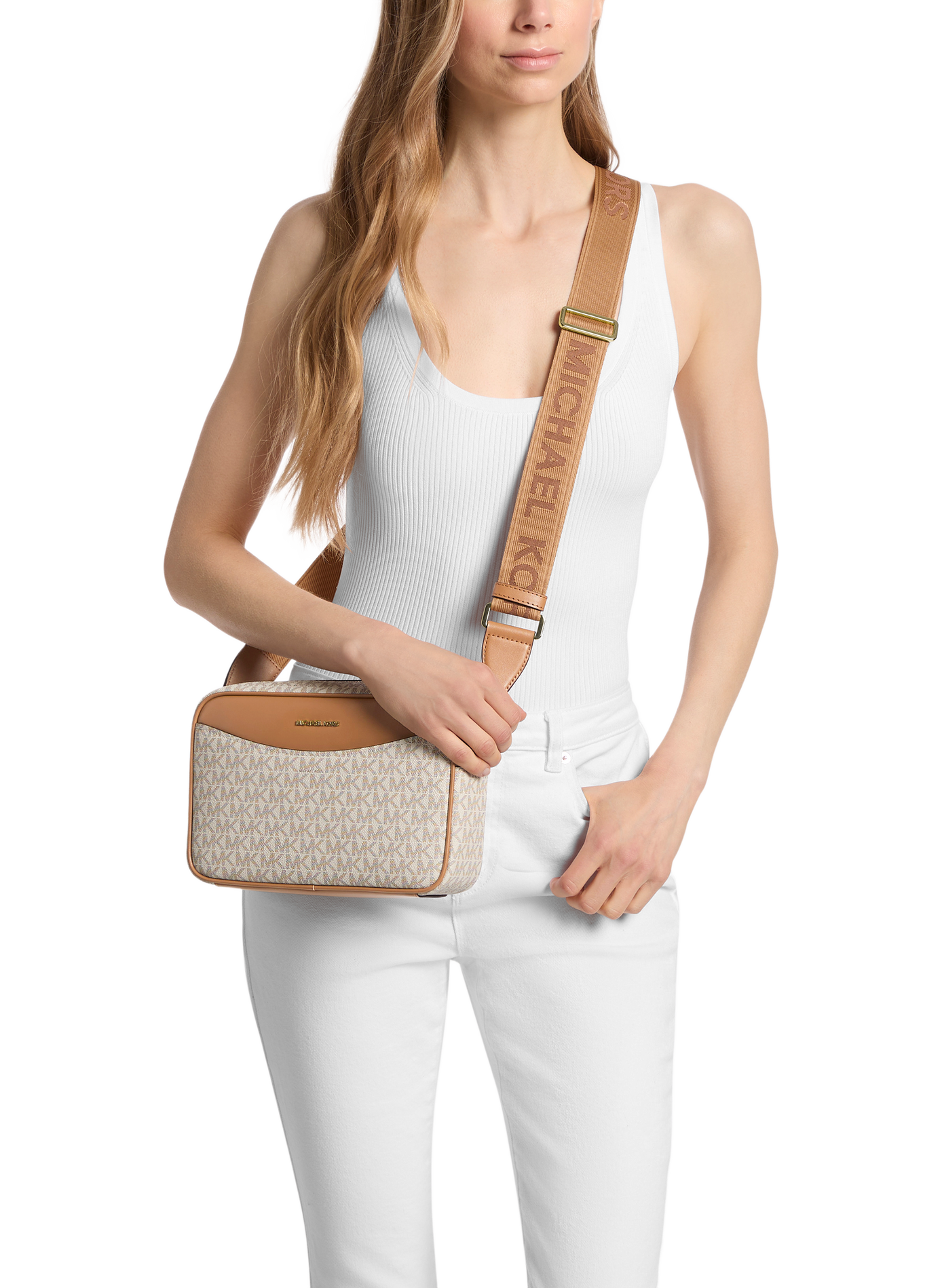 Grand sac à bandoulière Bev logotypé MICHAEL KORS Beige