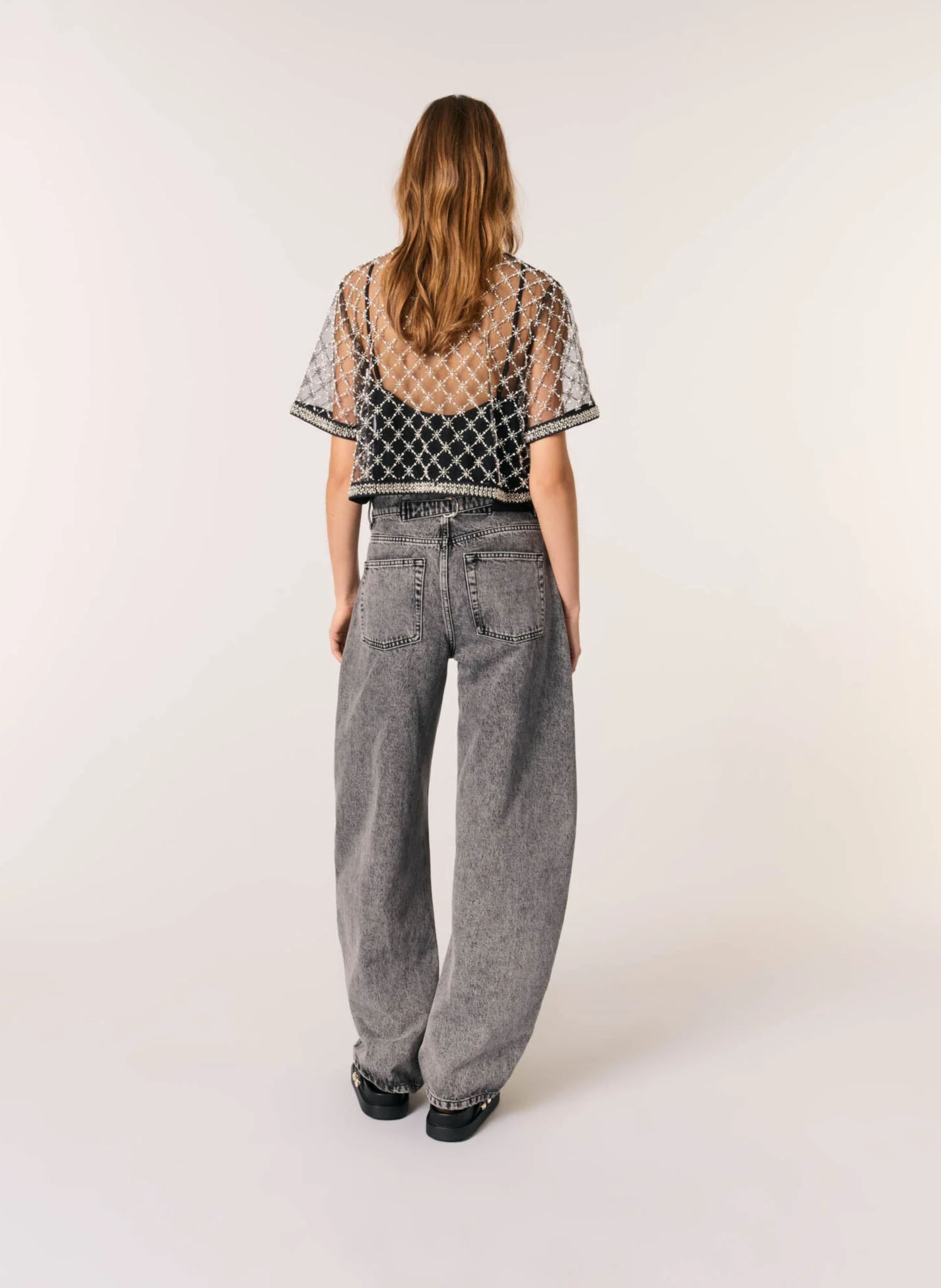 Top col rond à perles brodées Noir