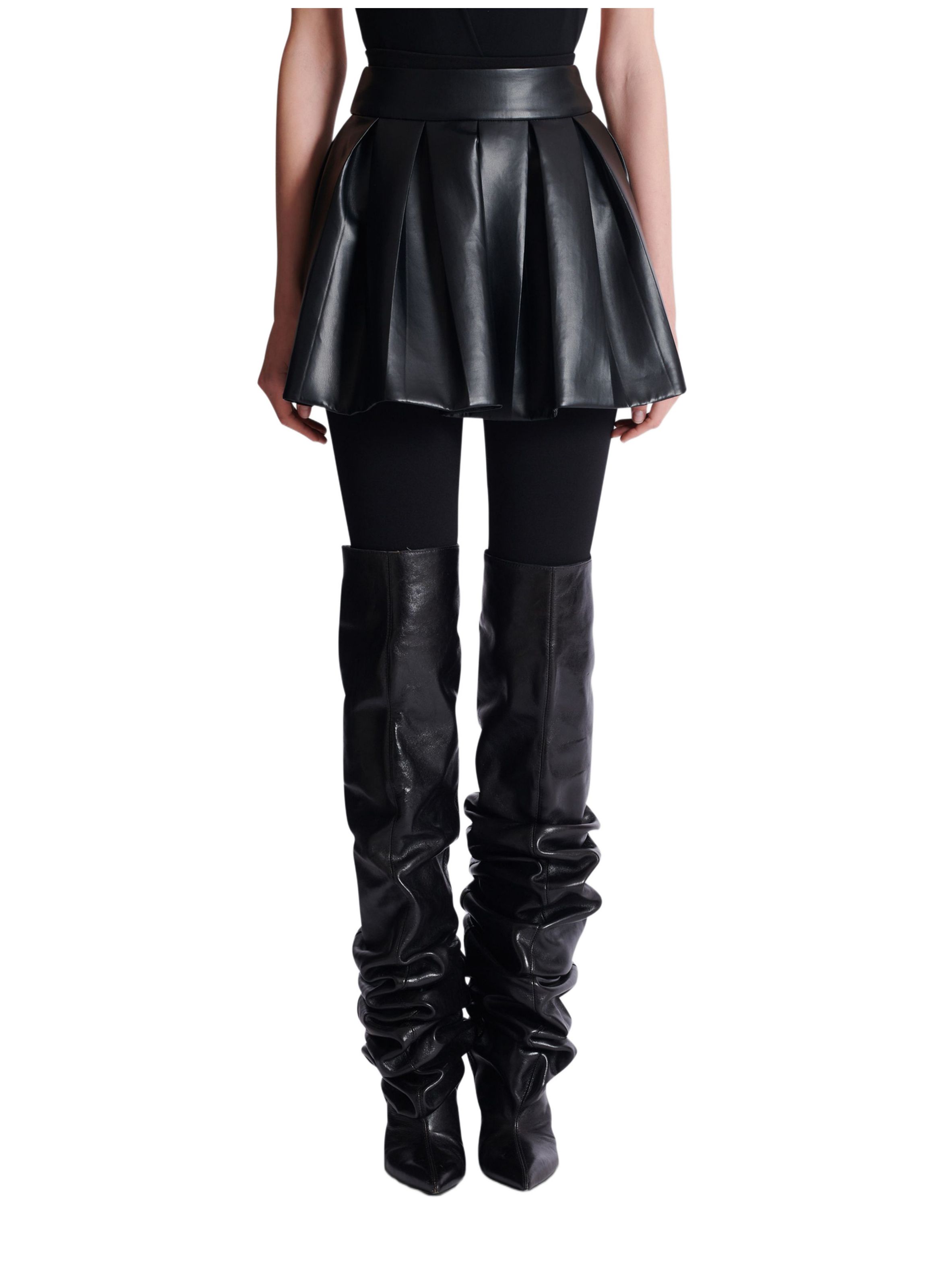 Jupe courte plissée en cuir synthétique BALMAIN Noir