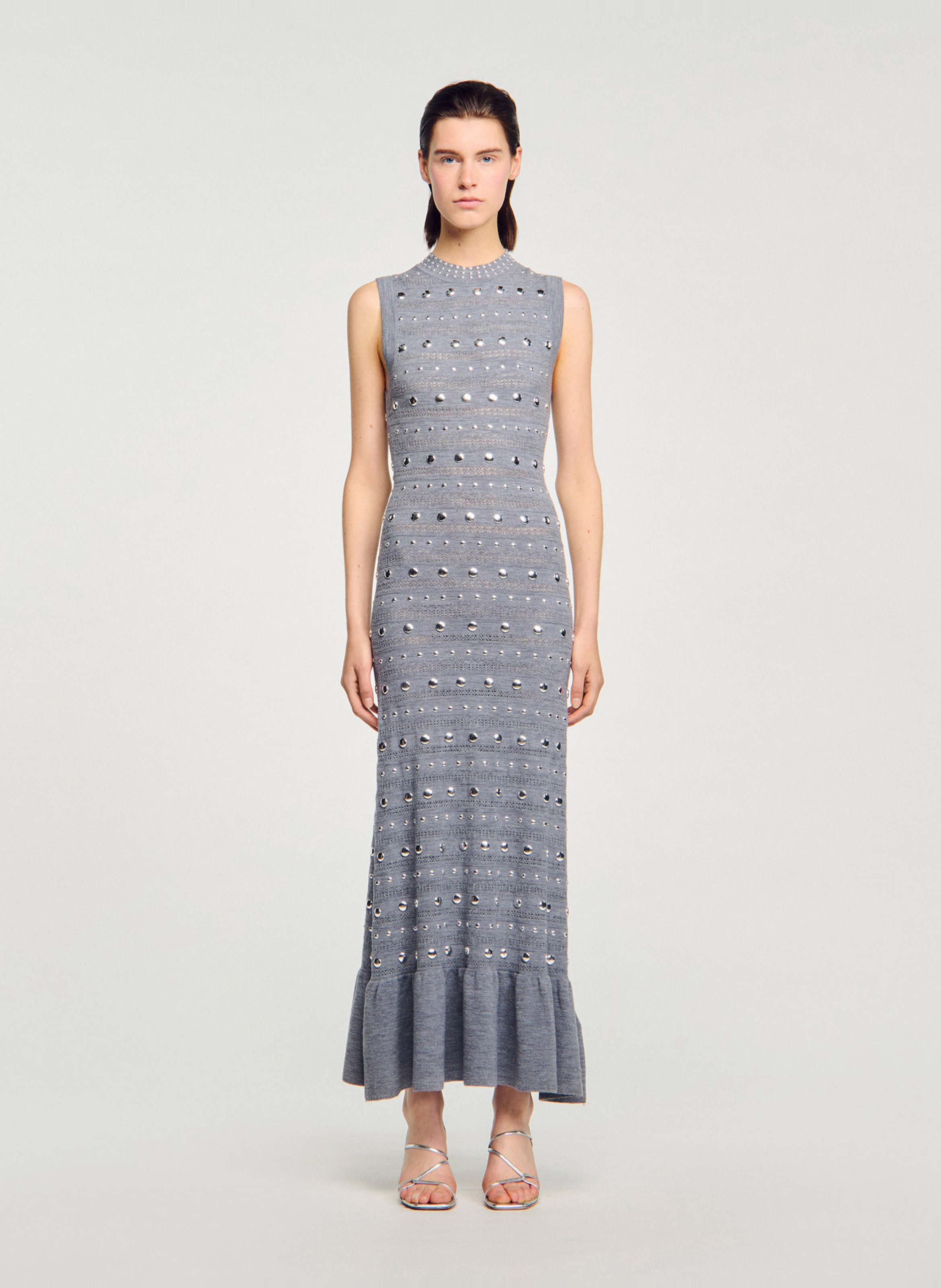 Robe longue moulante col rond en laine mélangée SANDRO Gris