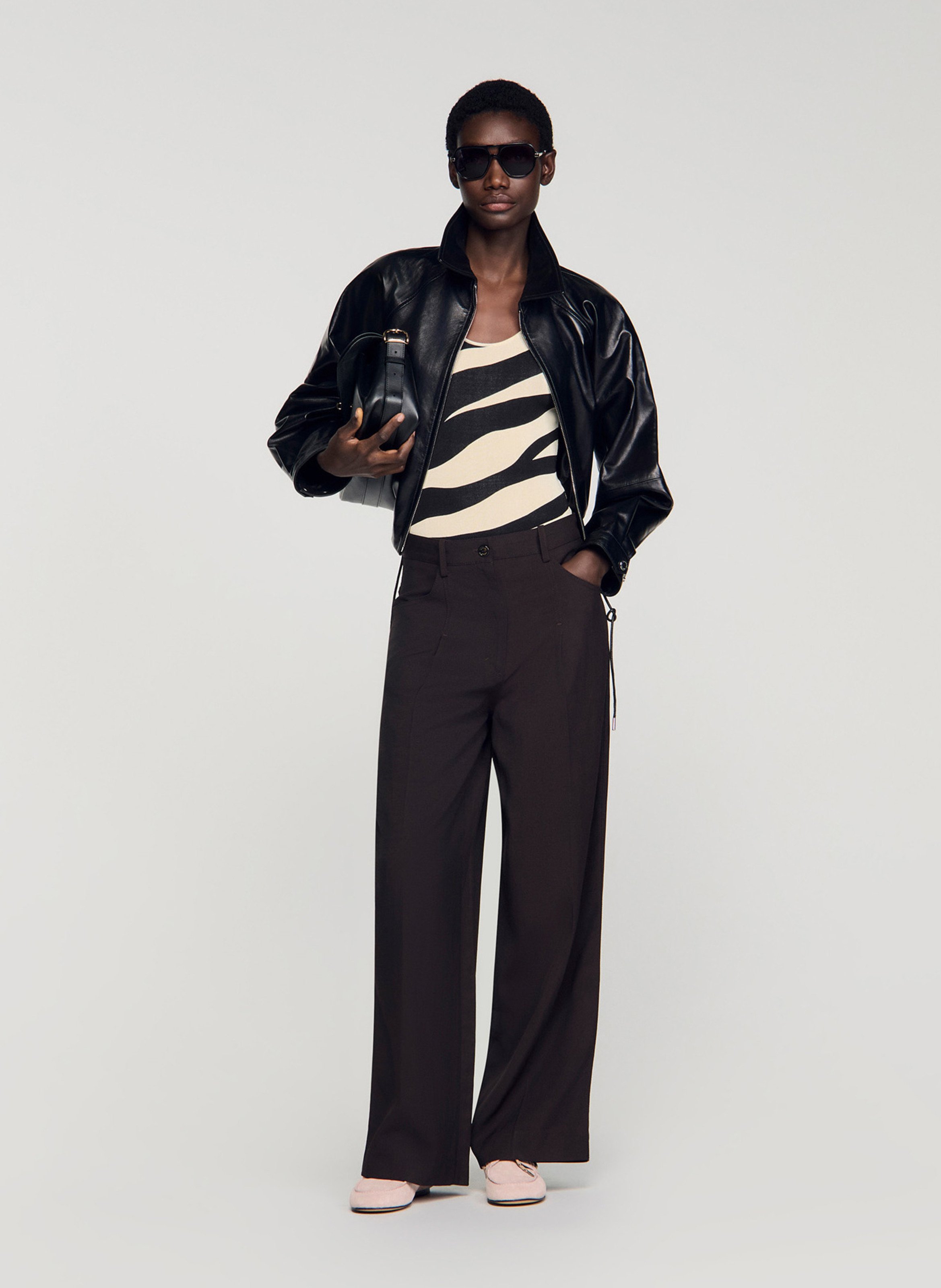 Pantalon large taille haute uni SANDRO Marron