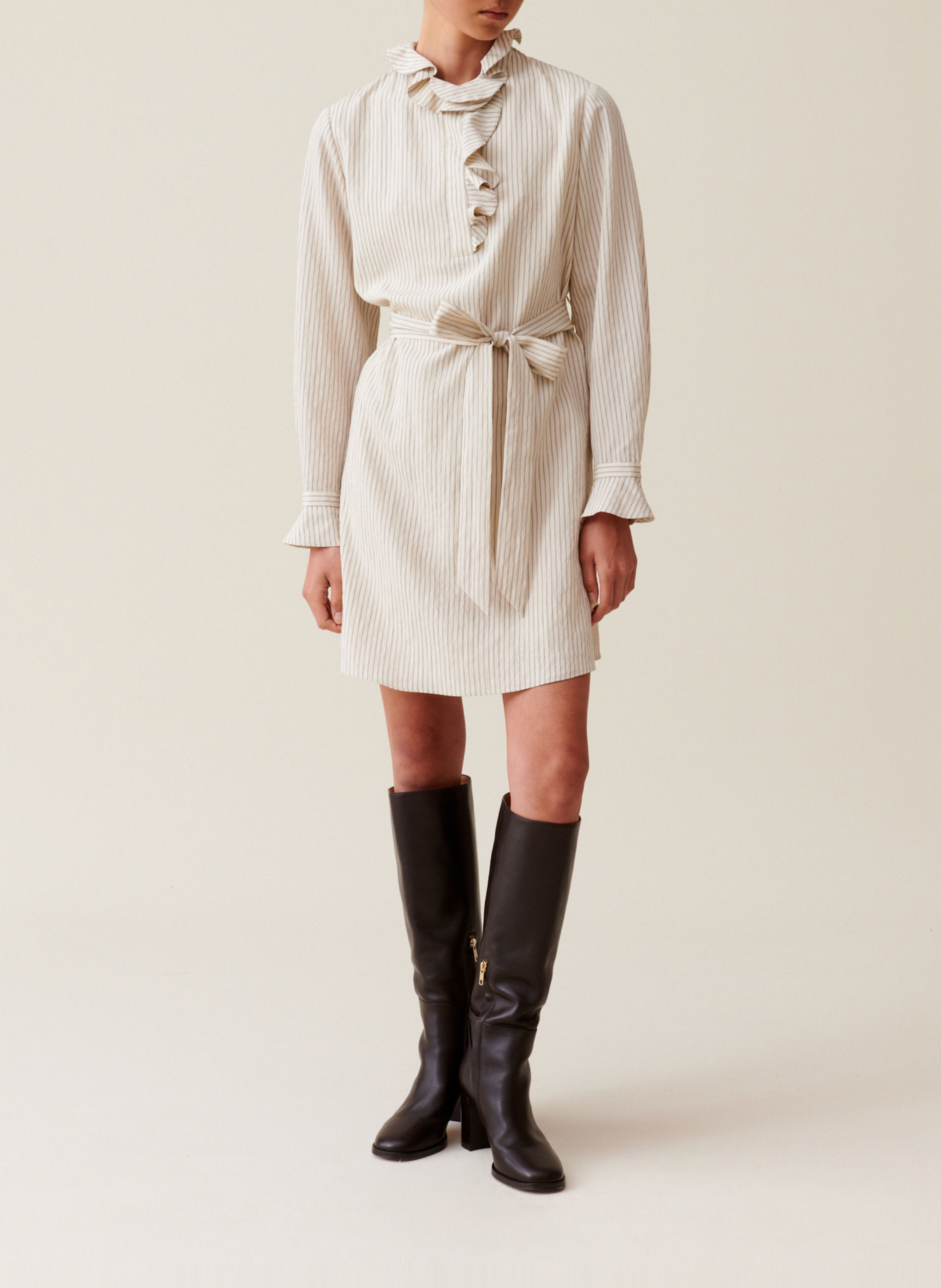 Robe courte col volanté rayée CLAUDIE PIERLOT Beige