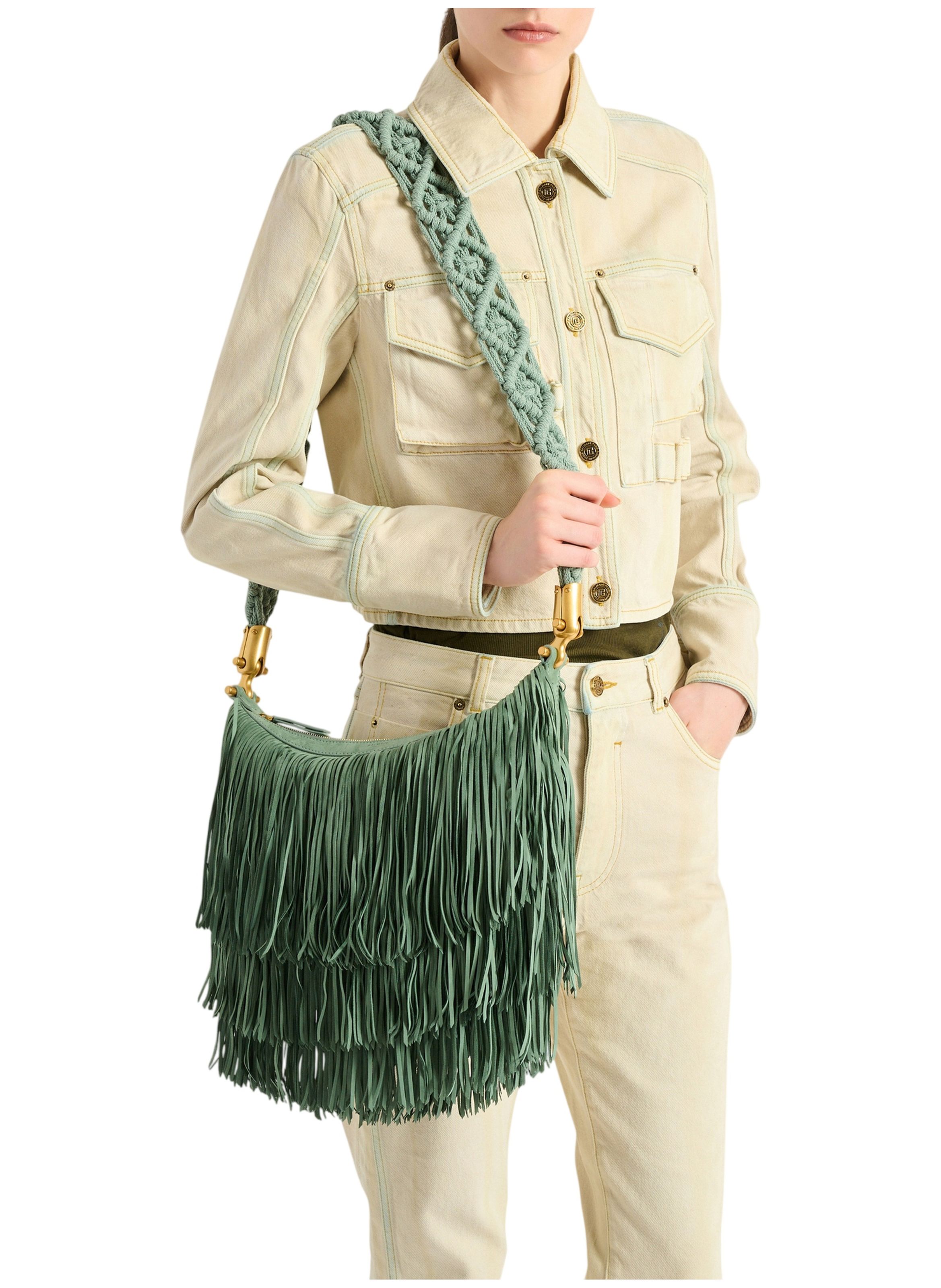 Sac ébène hobo en cuir suédé à franges BALMAIN Vert