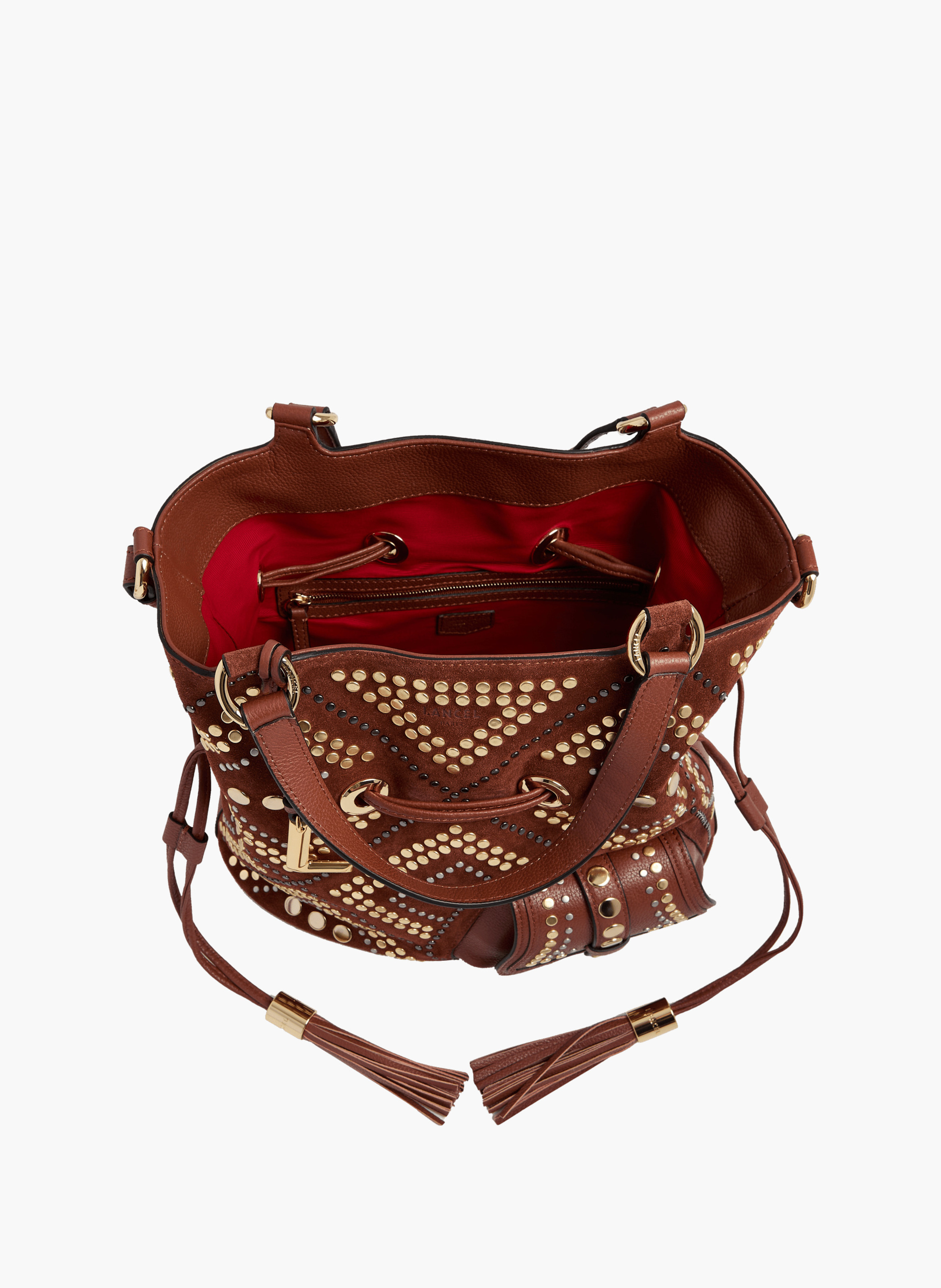 Sac seau premier flirt de lancel en animation 150y studs : studs, cuirs de vachette suede & graine LANCEL Rouge