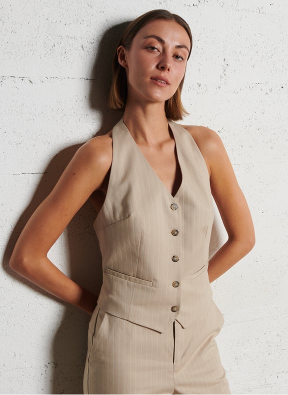 Gilet de costume en coton mélangé rayé Beige by IKKS IKKS Gilet de costume en coton mélangé rayé Beige