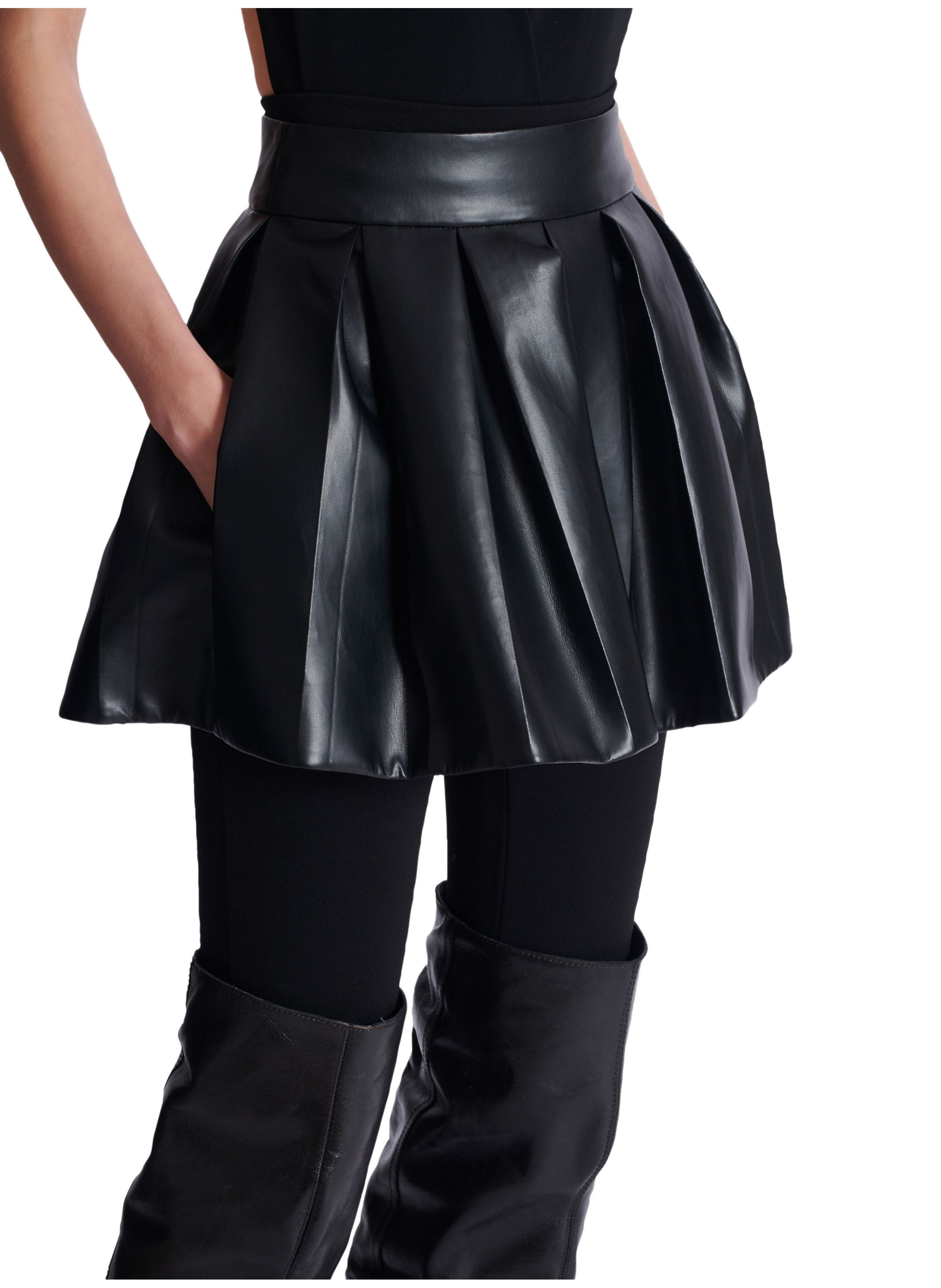Jupe courte plissée en cuir synthétique BALMAIN Noir