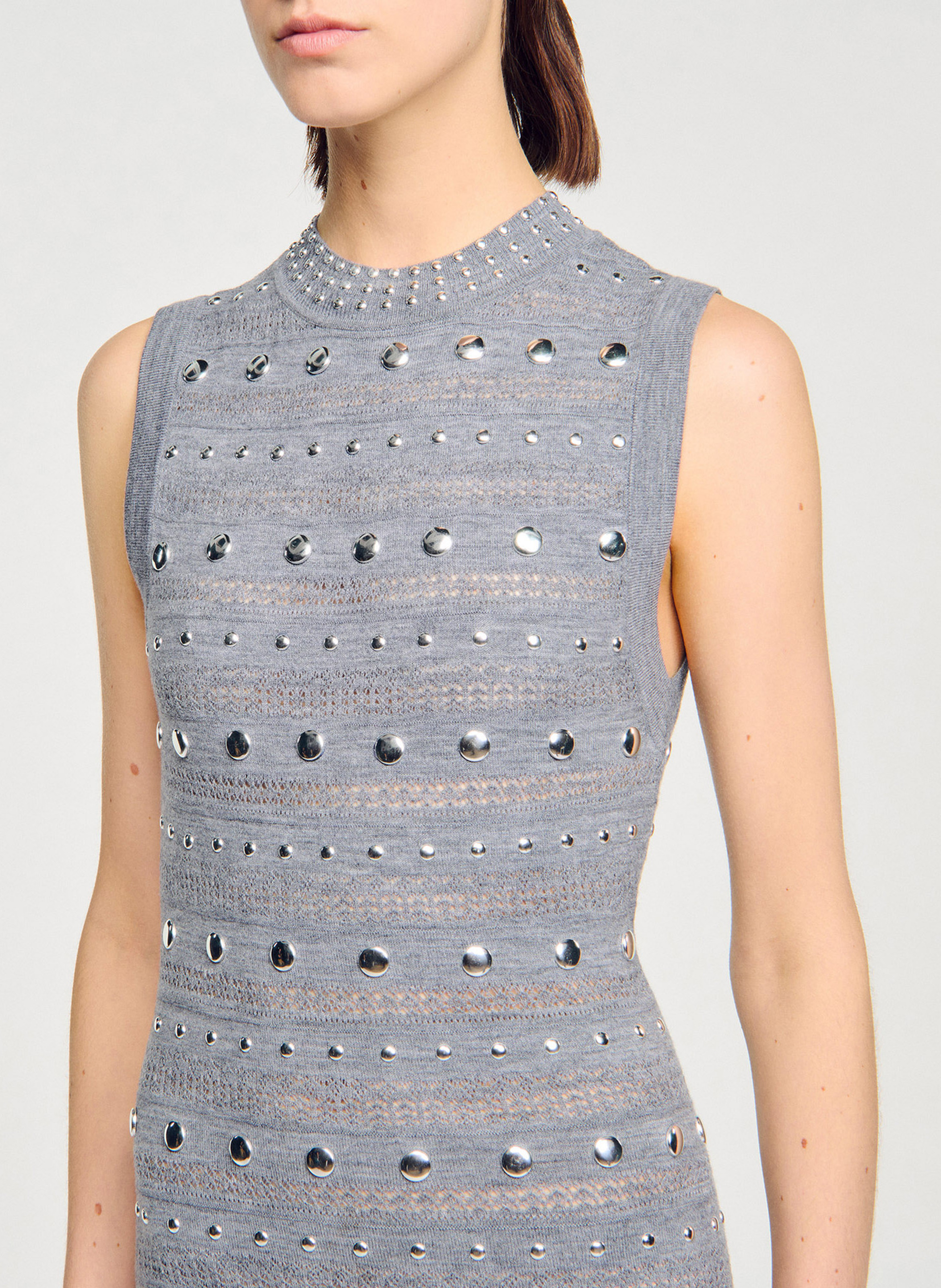 Robe longue moulante col rond en laine mélangée SANDRO Gris