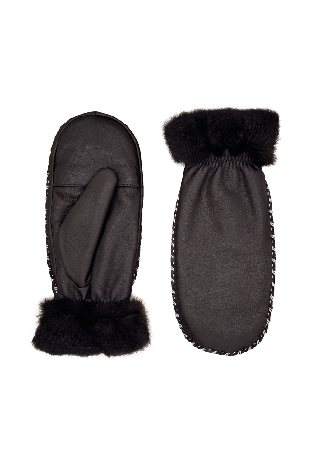 Moufles marie-louise femme en cuir fourrées lapin AGNELLE Marron