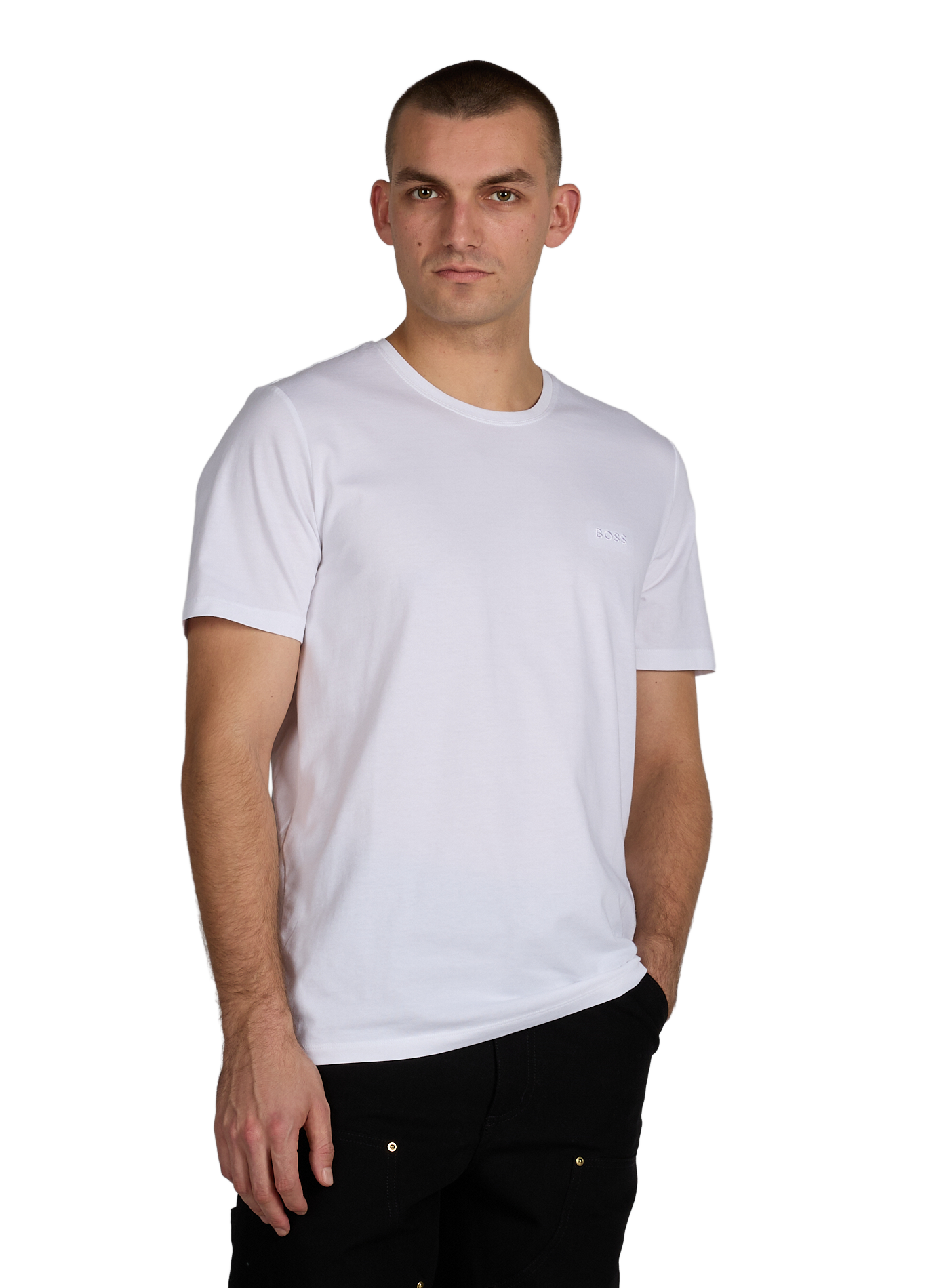 Plain round neck t-shirt in blended cotton BOSS White