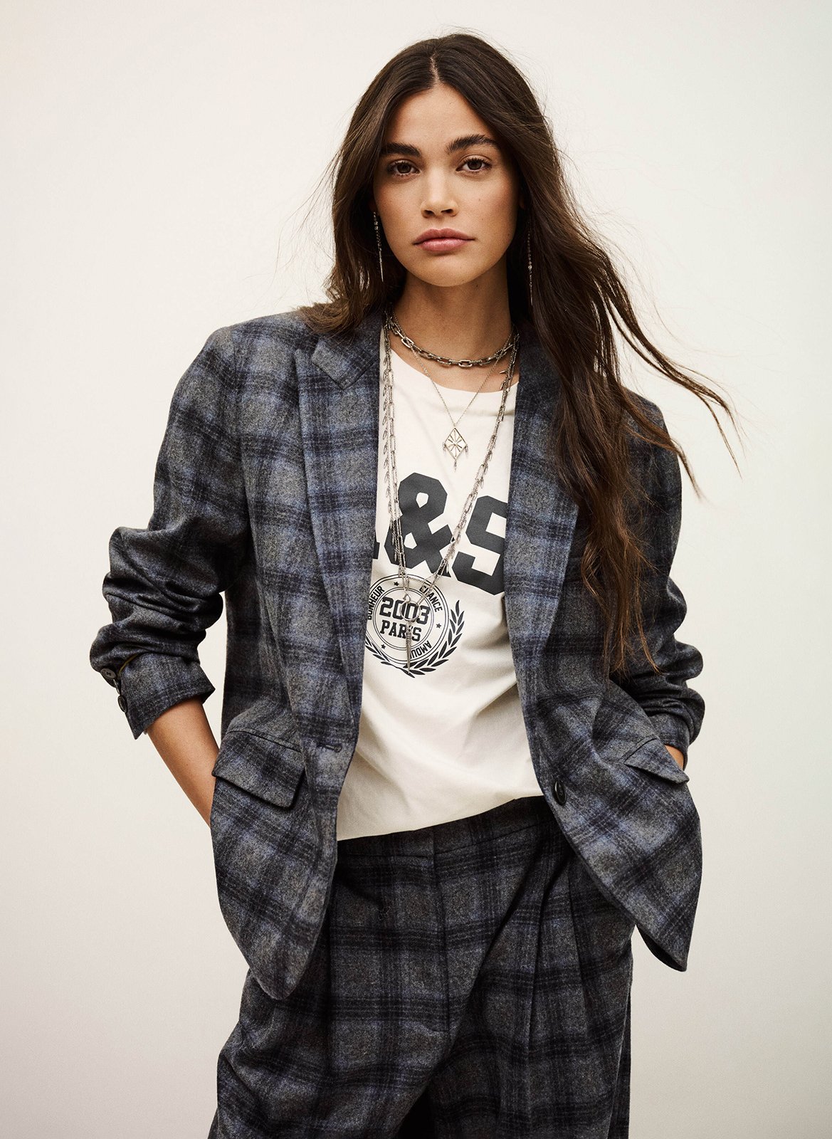 Veste tailleur droite en laine mélangée à carreaux teecee BA&SH Bleu