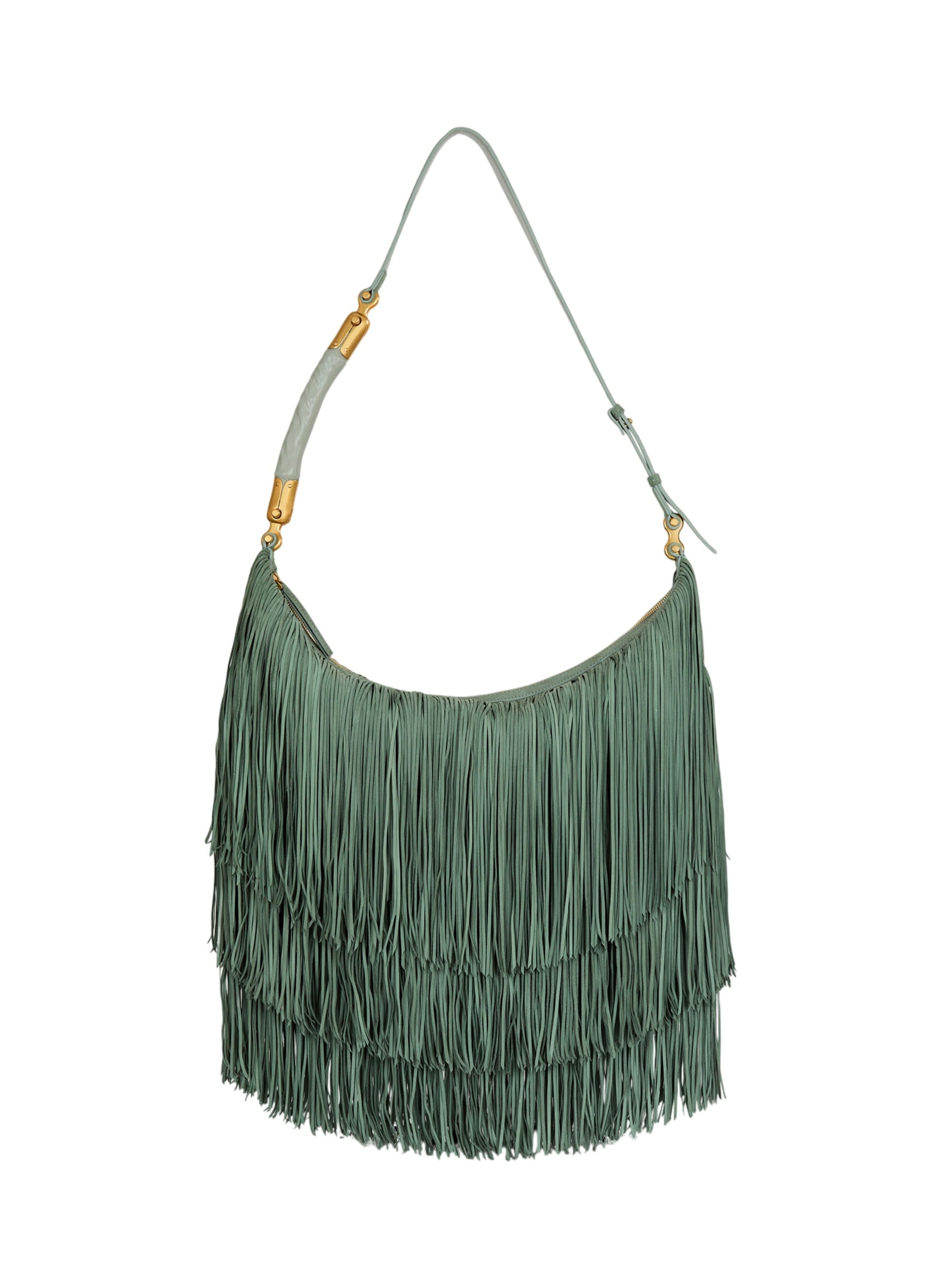 Sac ébène hobo large en cuir suédé à franges BALMAIN Vert