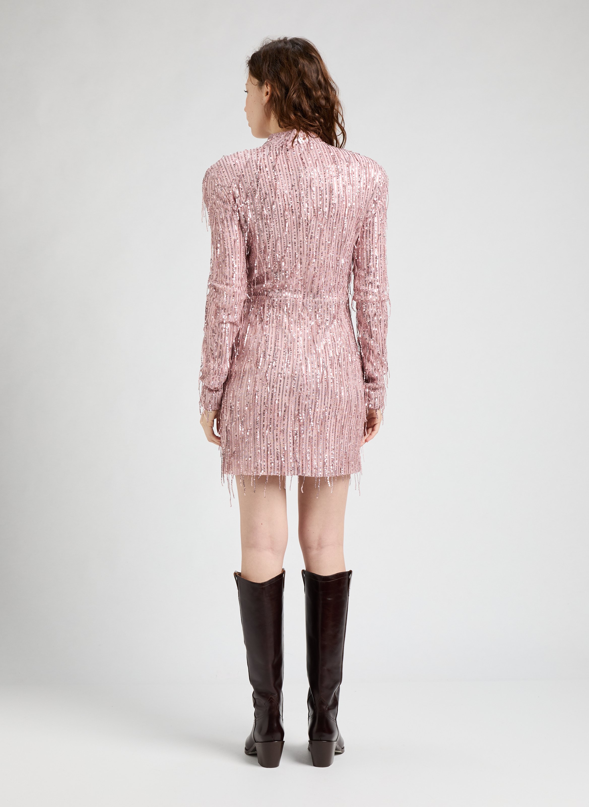 Robe courte à franges et sequins ROTATE Rose