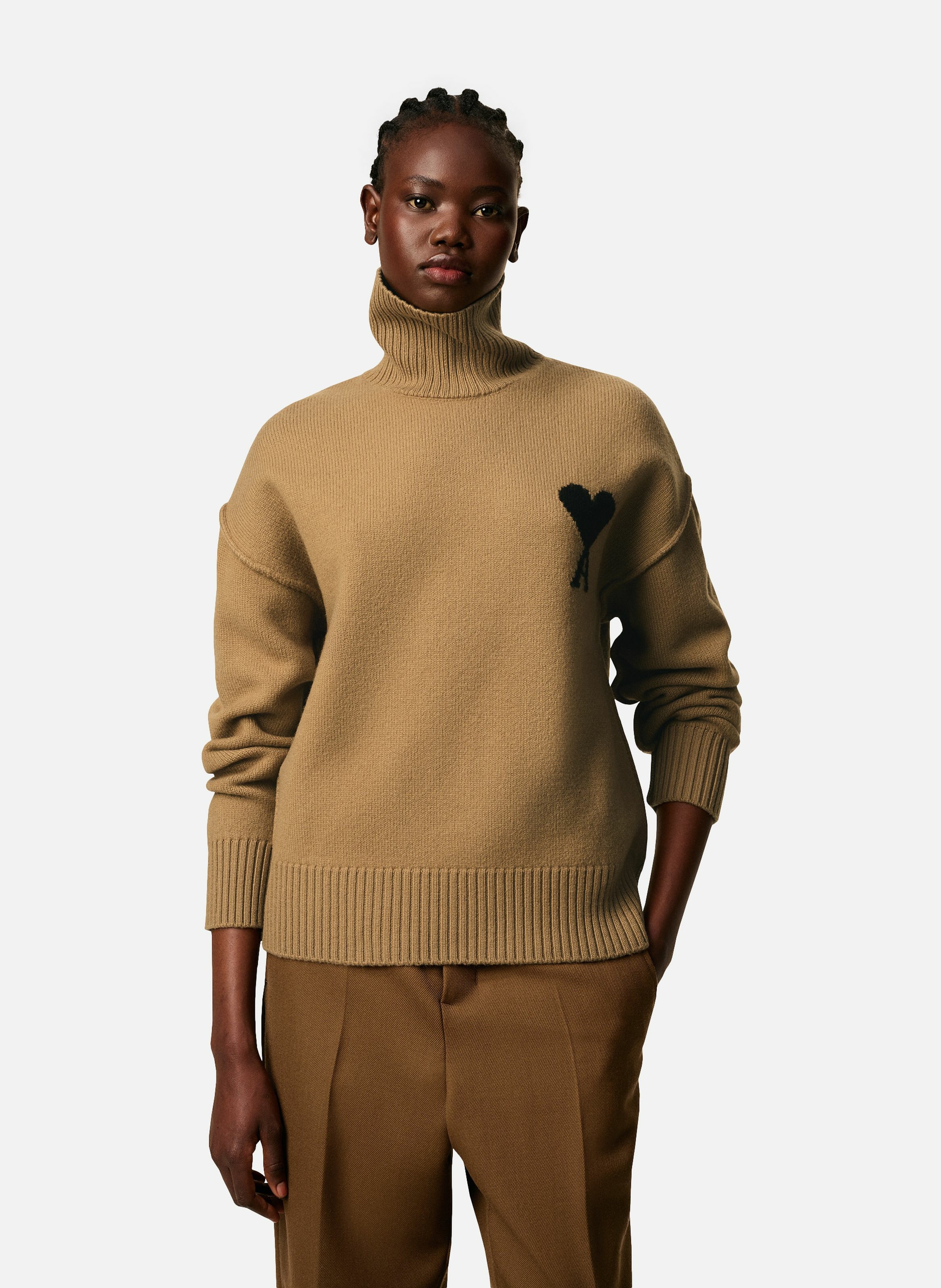 Pull col cheminée ami de coeur en laine unisexe AMI PARIS Marron