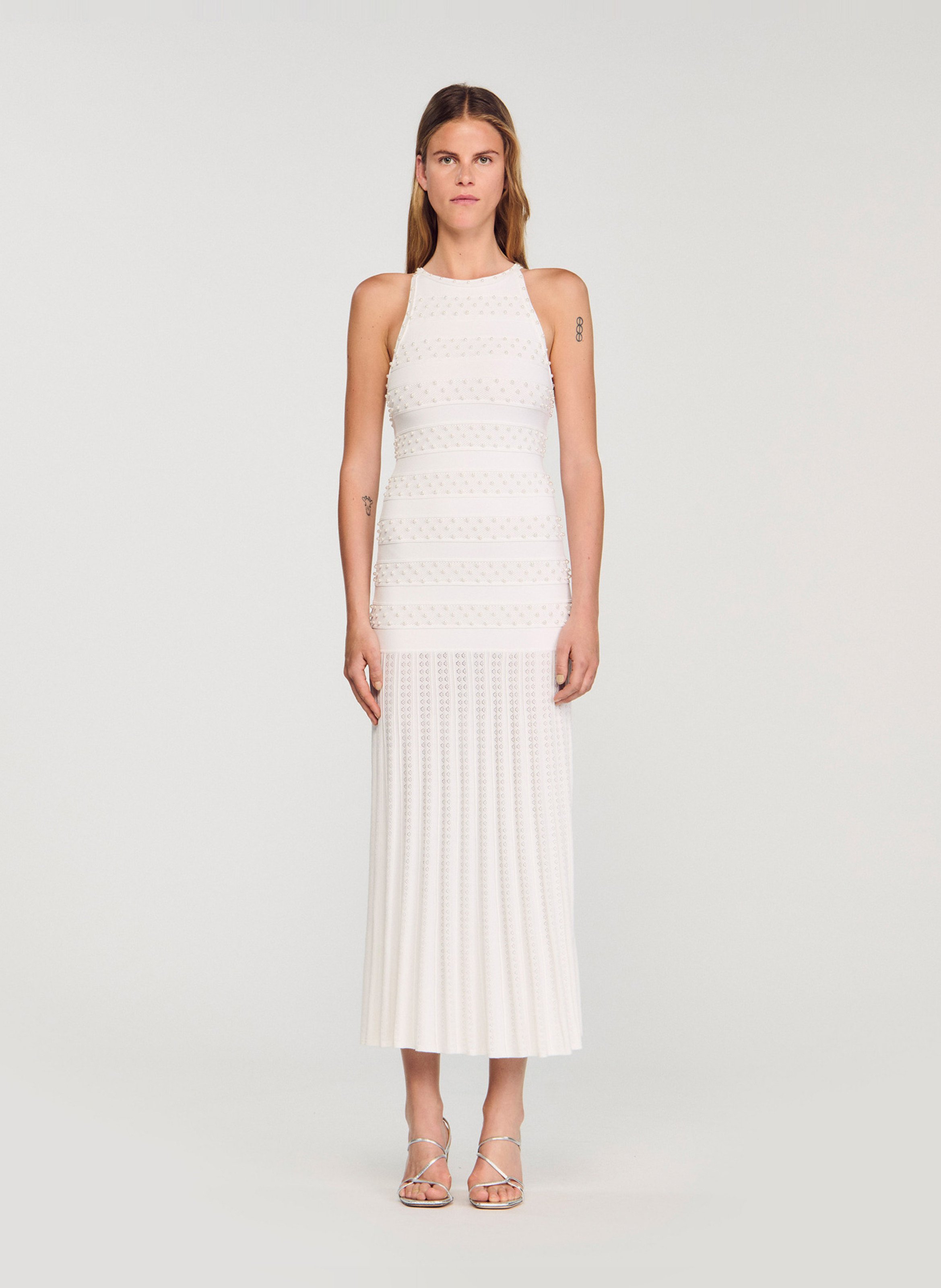 Robe longue évasée col rond SANDRO Blanc