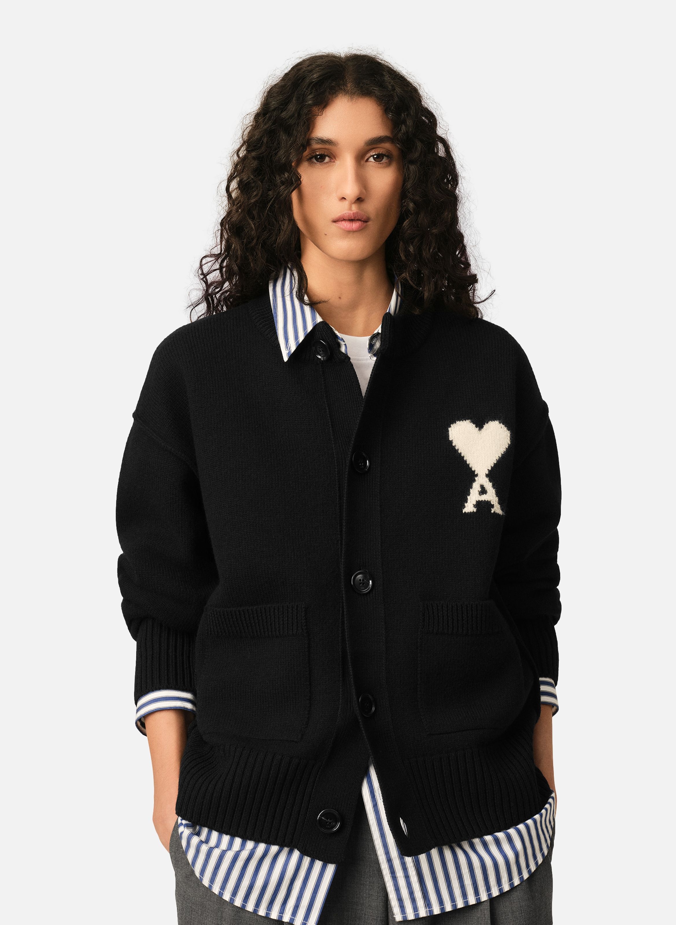 Cardigan col rond unisexe en laine ami de coeur AMI PARIS Noir
