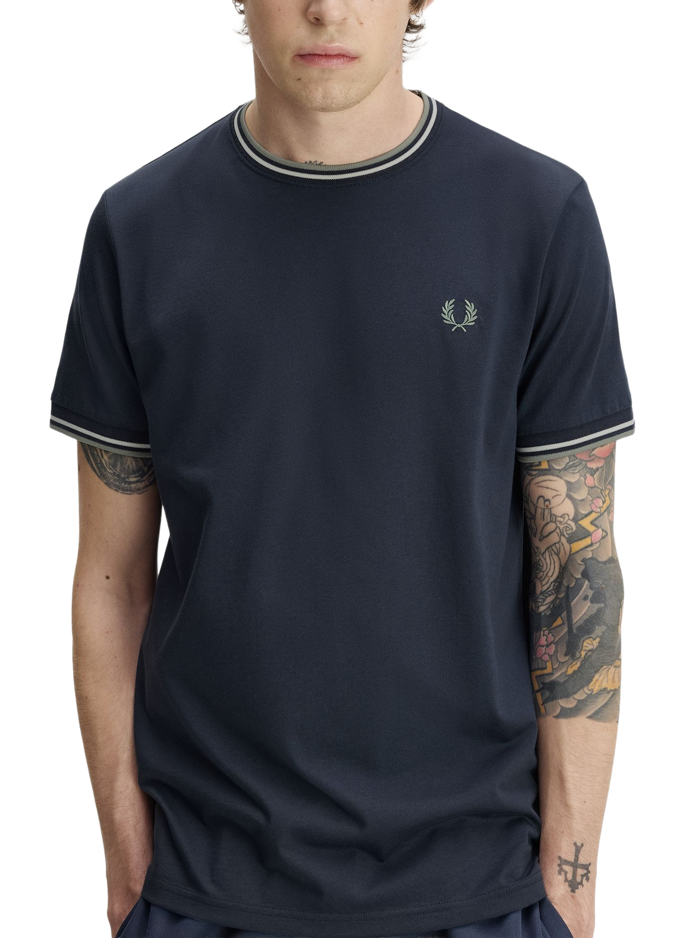 T-shirt uni à col rond en coton FRED PERRY Bleu