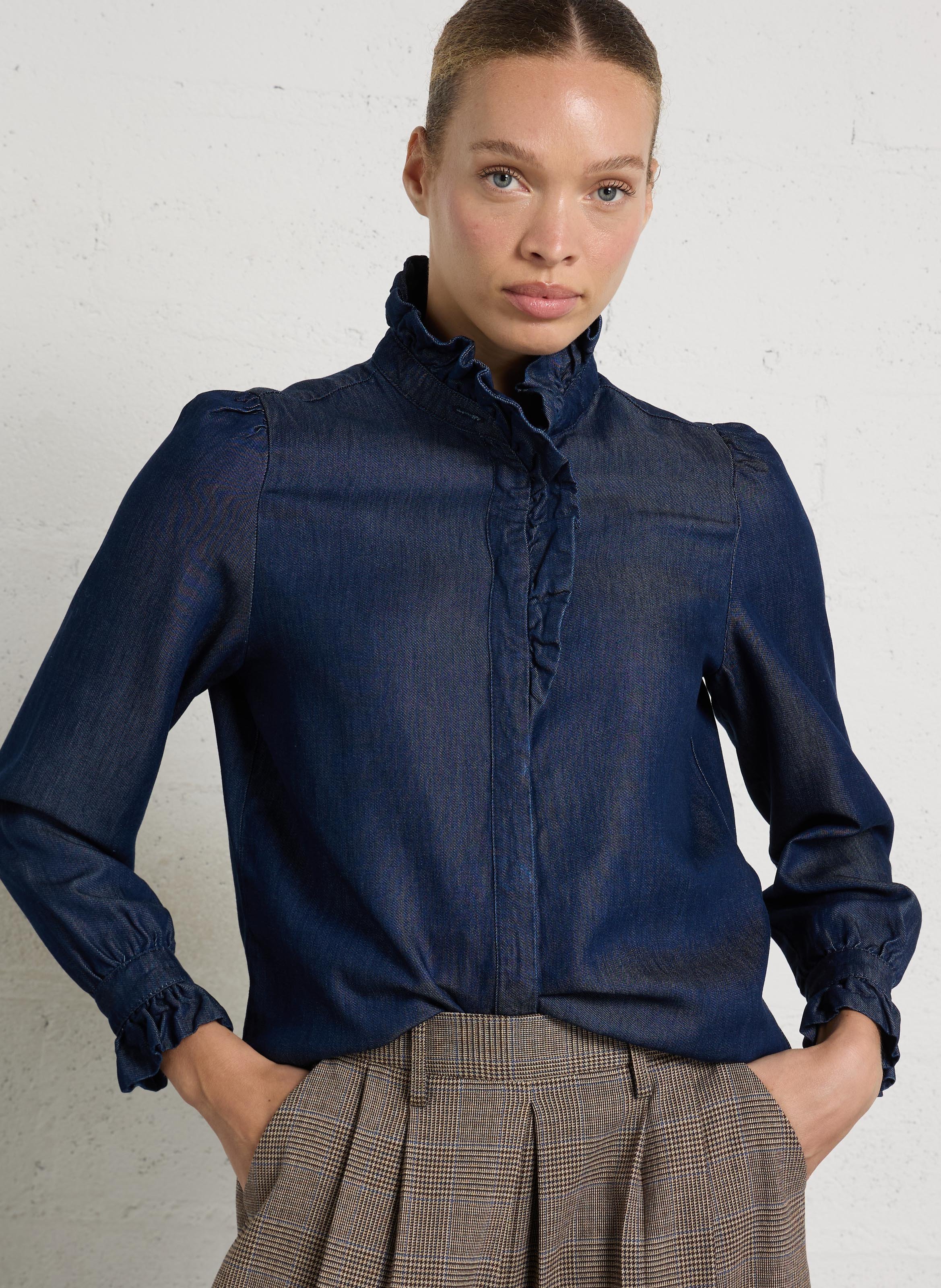 Chemise droite denim col victorien milan MAISON 123 Bleu