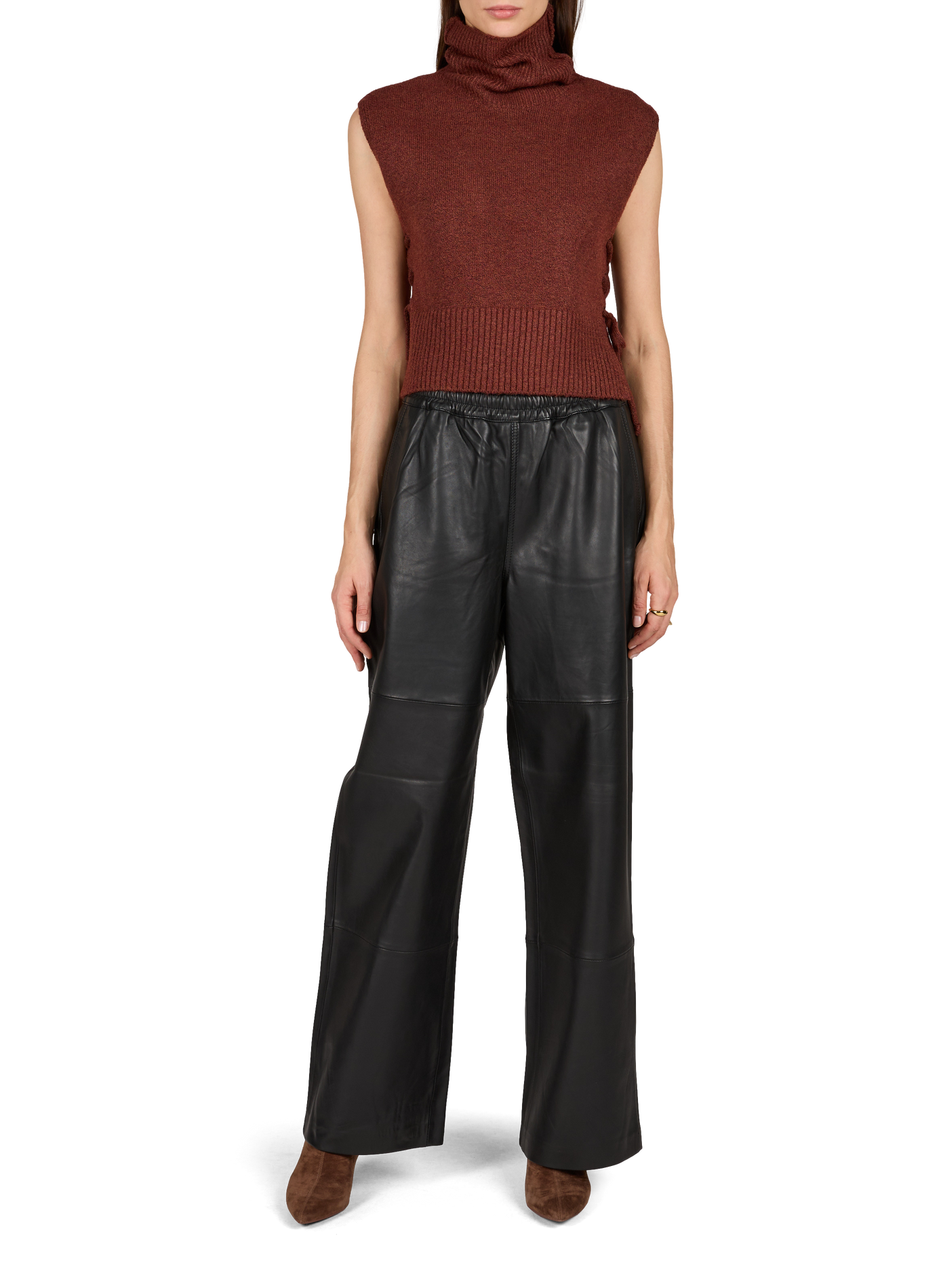 Wijde hoge taille leren broek ROUGE EDIT Zwart