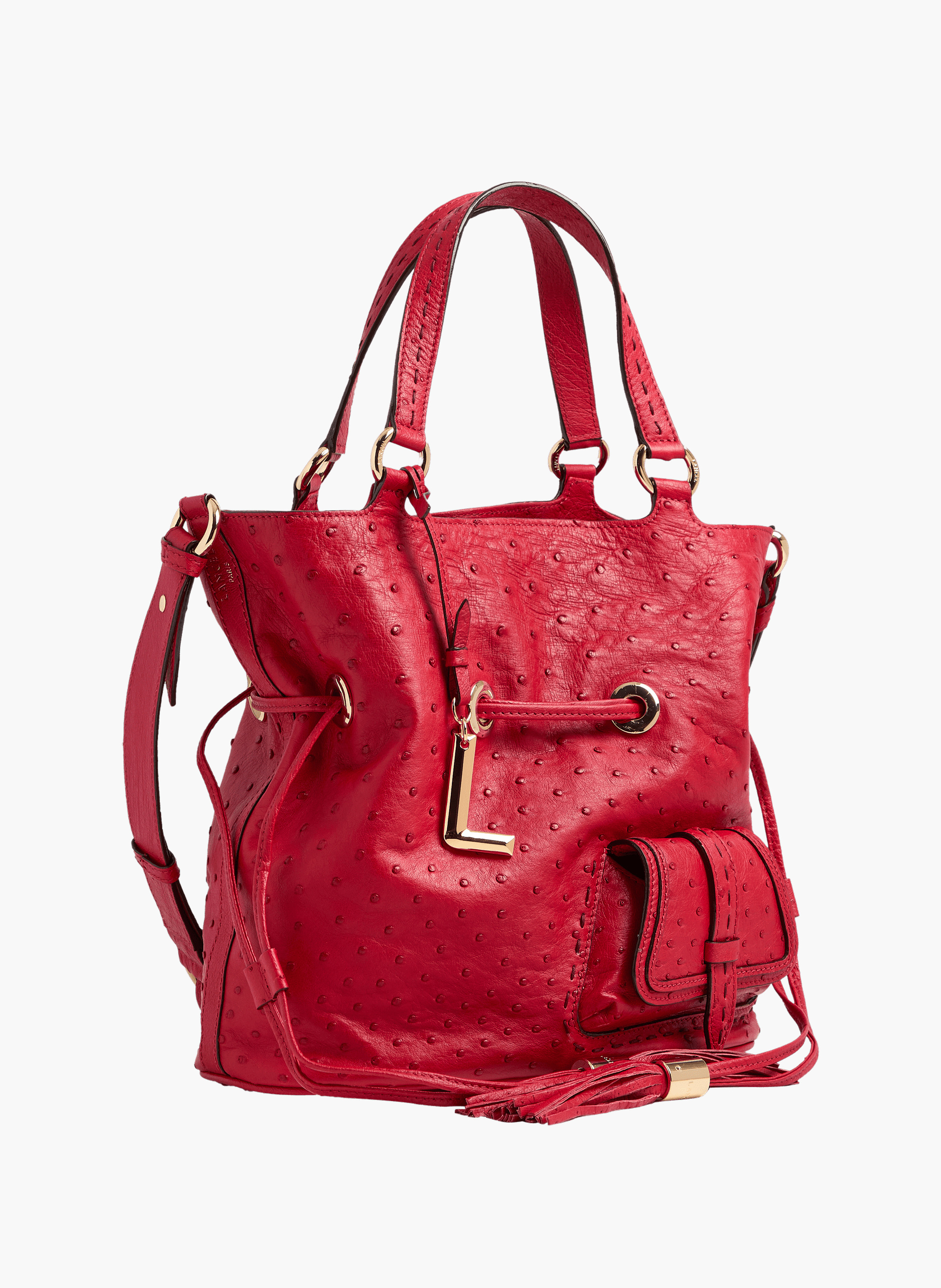 Sac seau premier flirt de lancel en animation 150y autruche : autruche & cuir de vachette lisse LANCEL Rouge