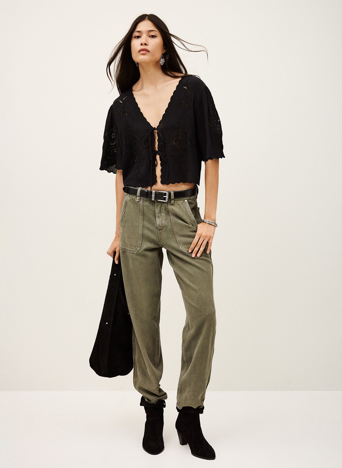 Top col v brodé olaya Noir