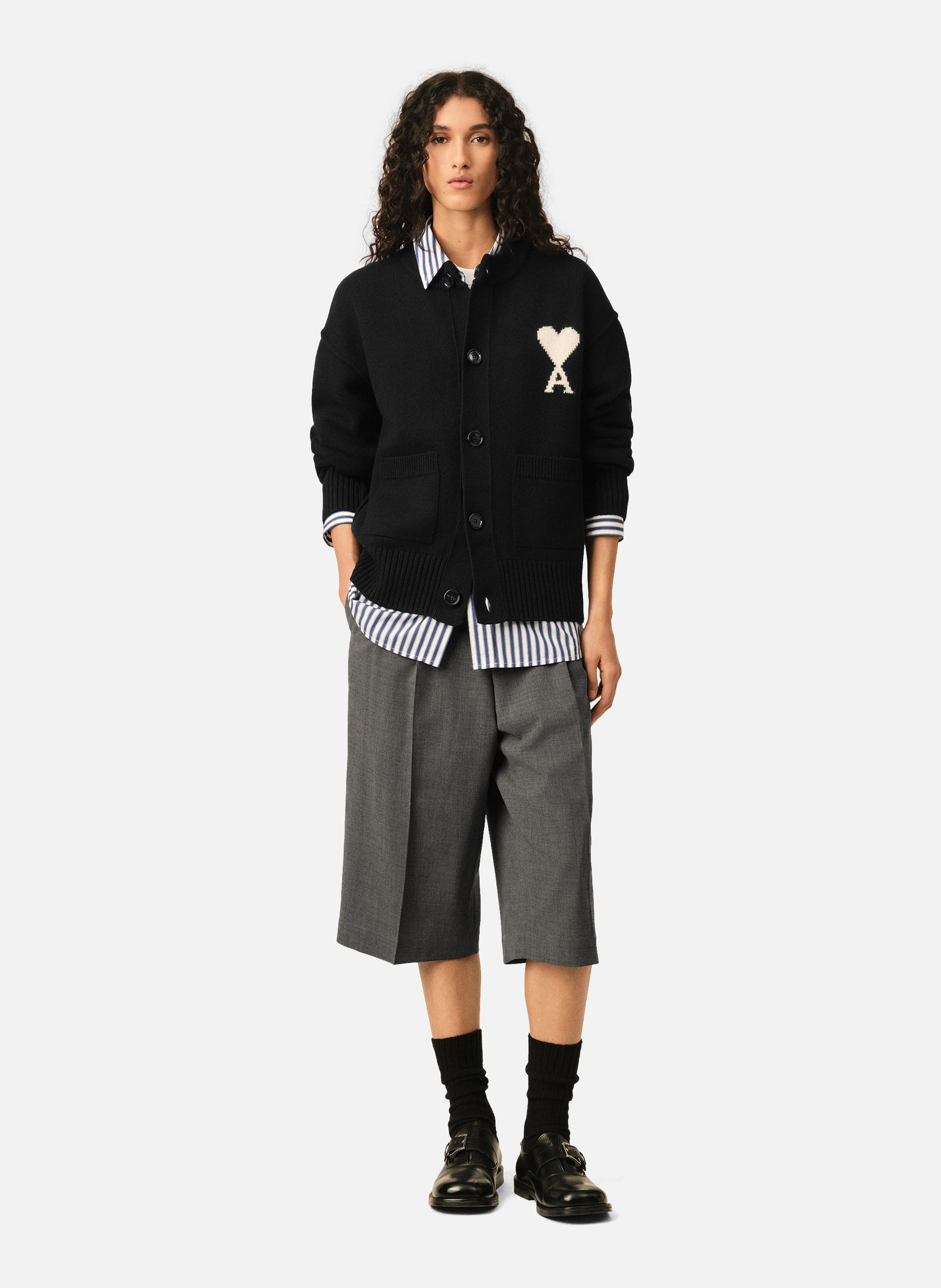 Cardigan col rond unisexe en laine ami de coeur AMI PARIS Noir