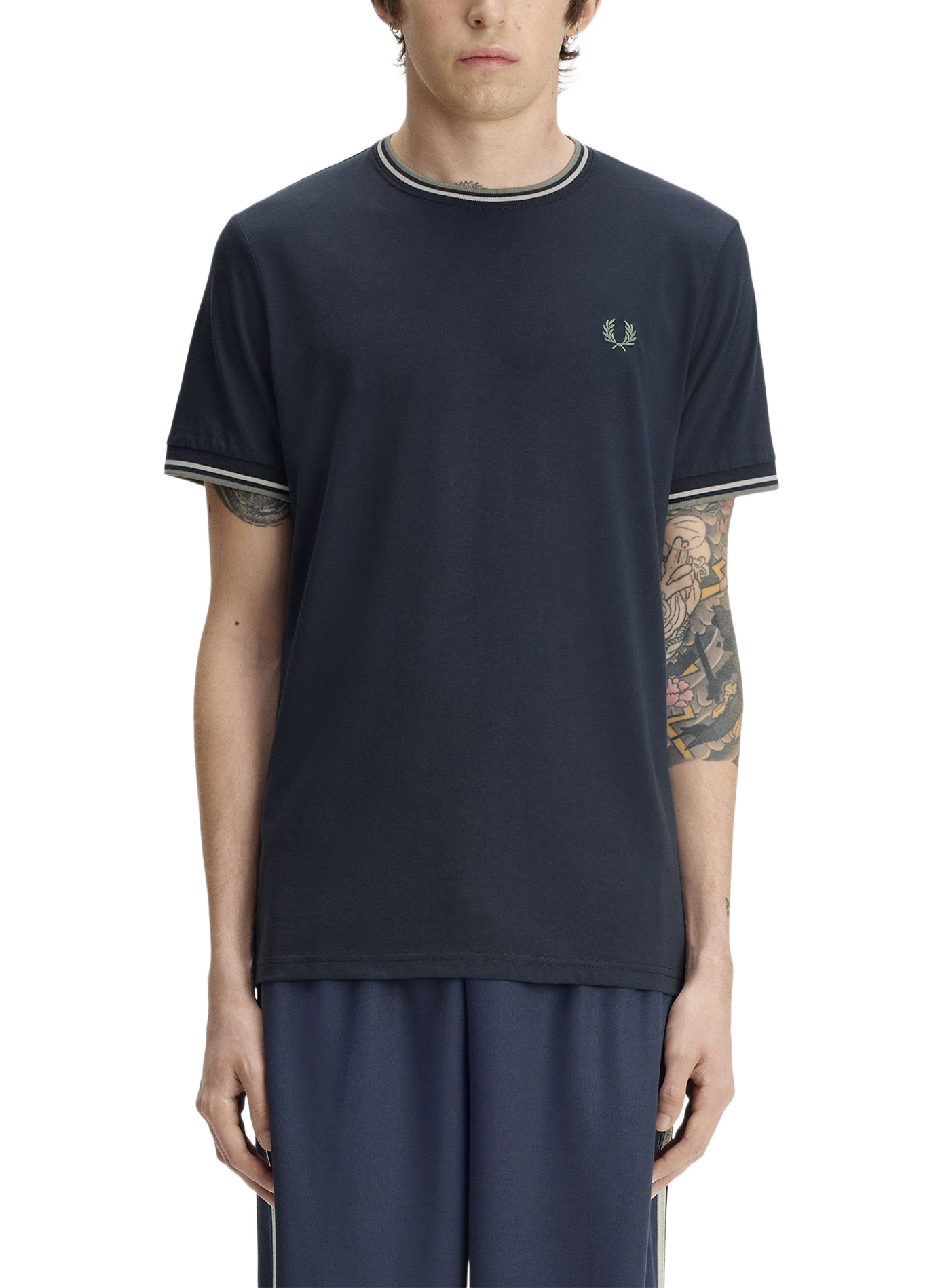 T-shirt uni à col rond en coton FRED PERRY Bleu