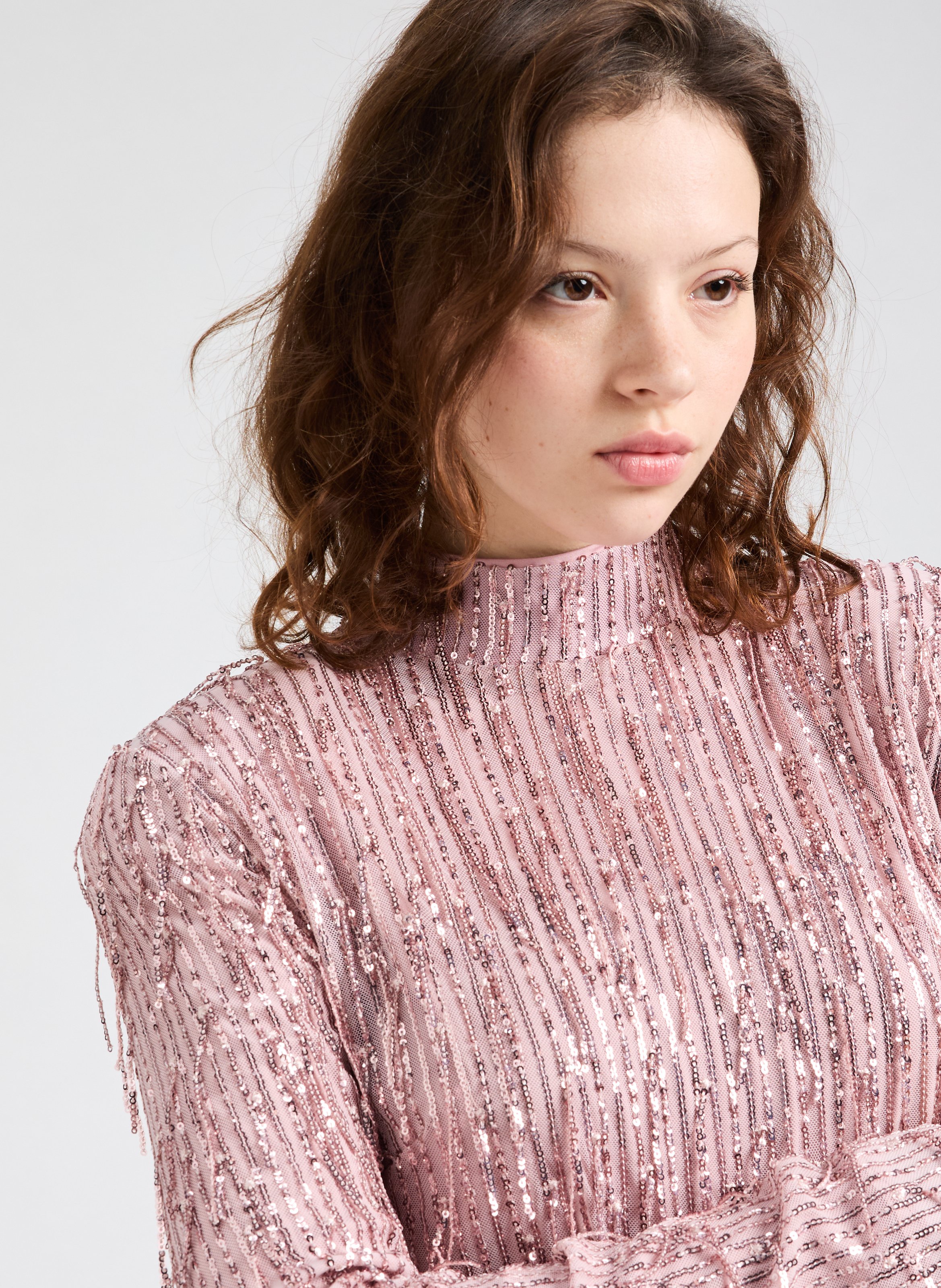 Robe courte à franges et sequins ROTATE Rose