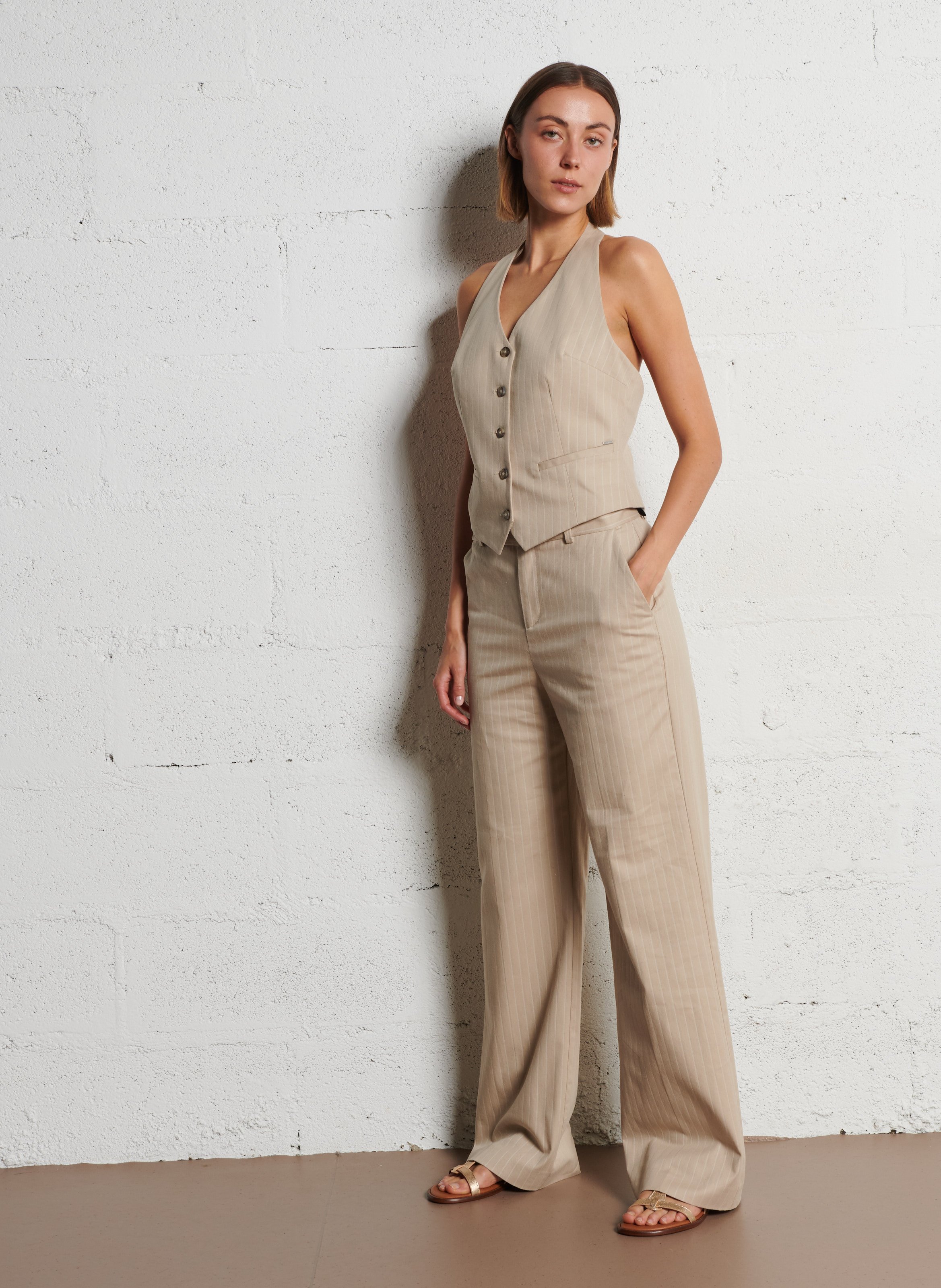 Gilet de costume en coton mélangé rayé IKKS Beige