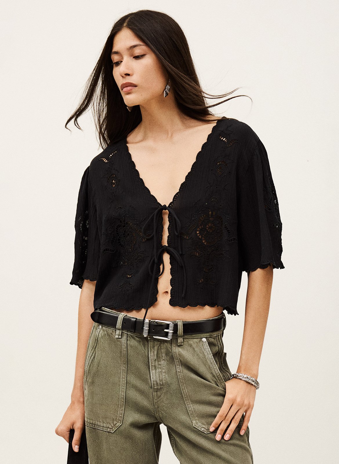 Top col v brodé olaya Noir