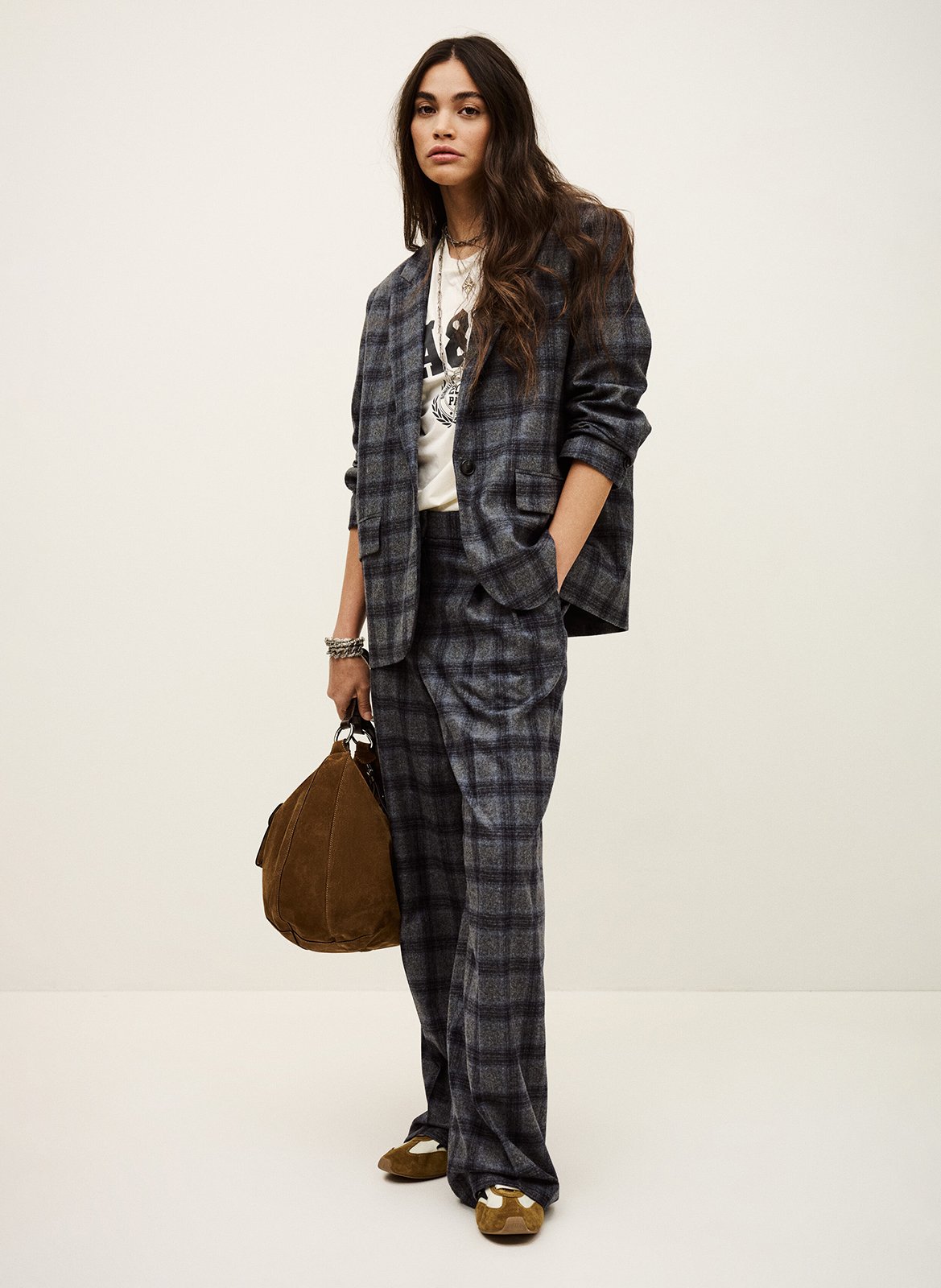 Veste tailleur droite en laine mélangée à carreaux teecee BA&SH Bleu