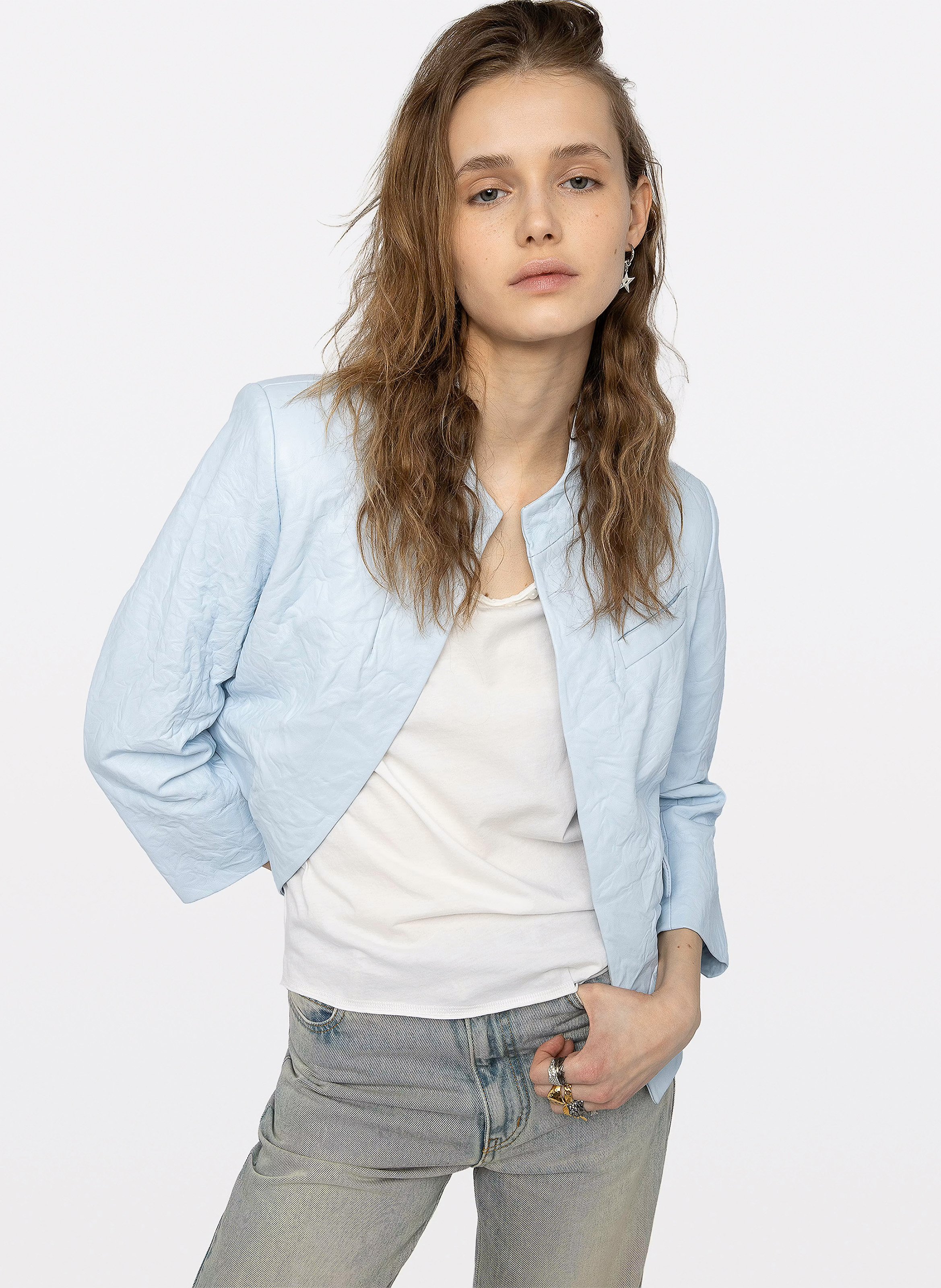 Blouson col rond en cuir veryn ZADIG&VOLTAIRE Bleu