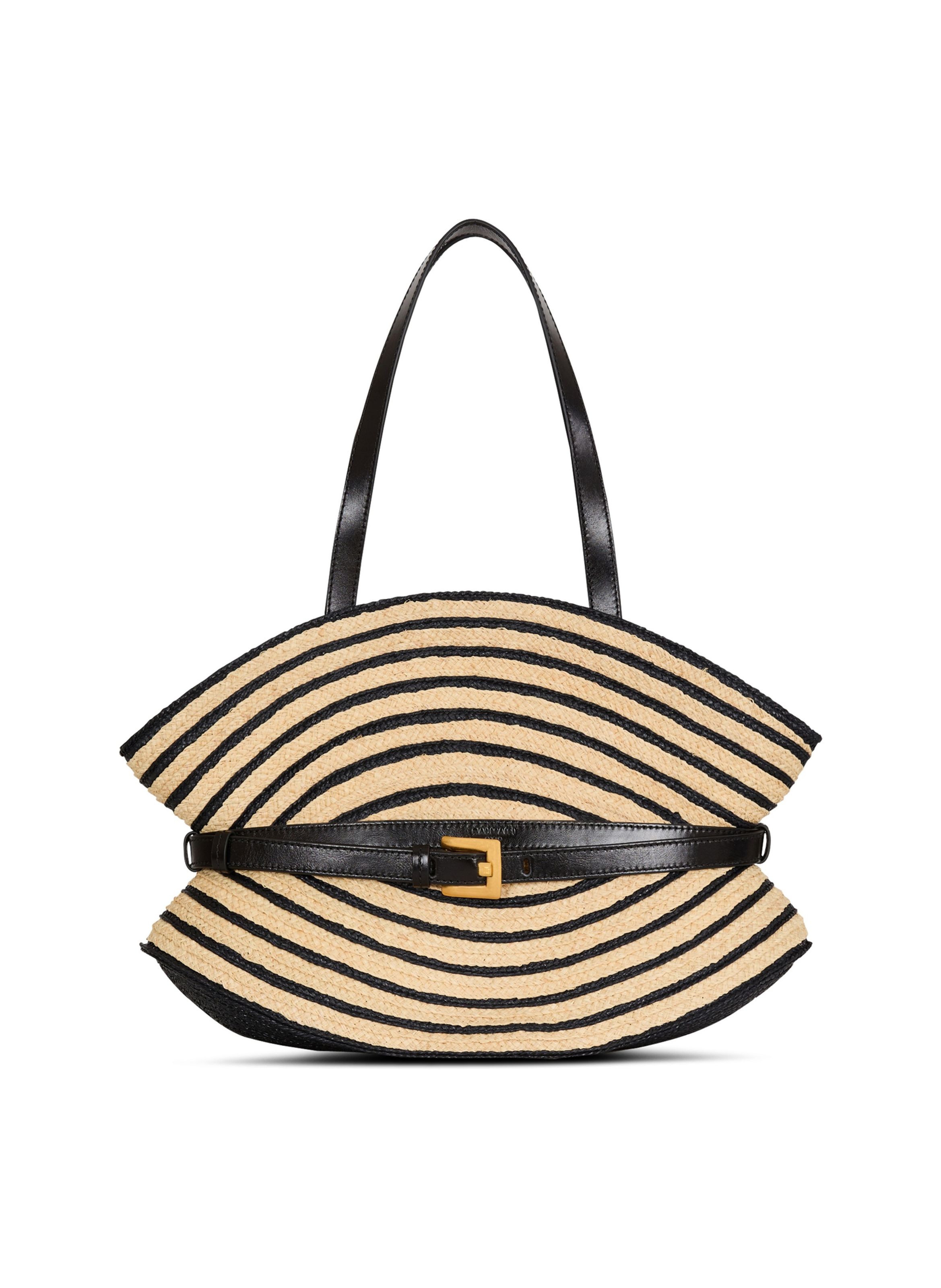 Sac shuffle medium en raphia bicolore et cuir lisse BALMAIN Beige