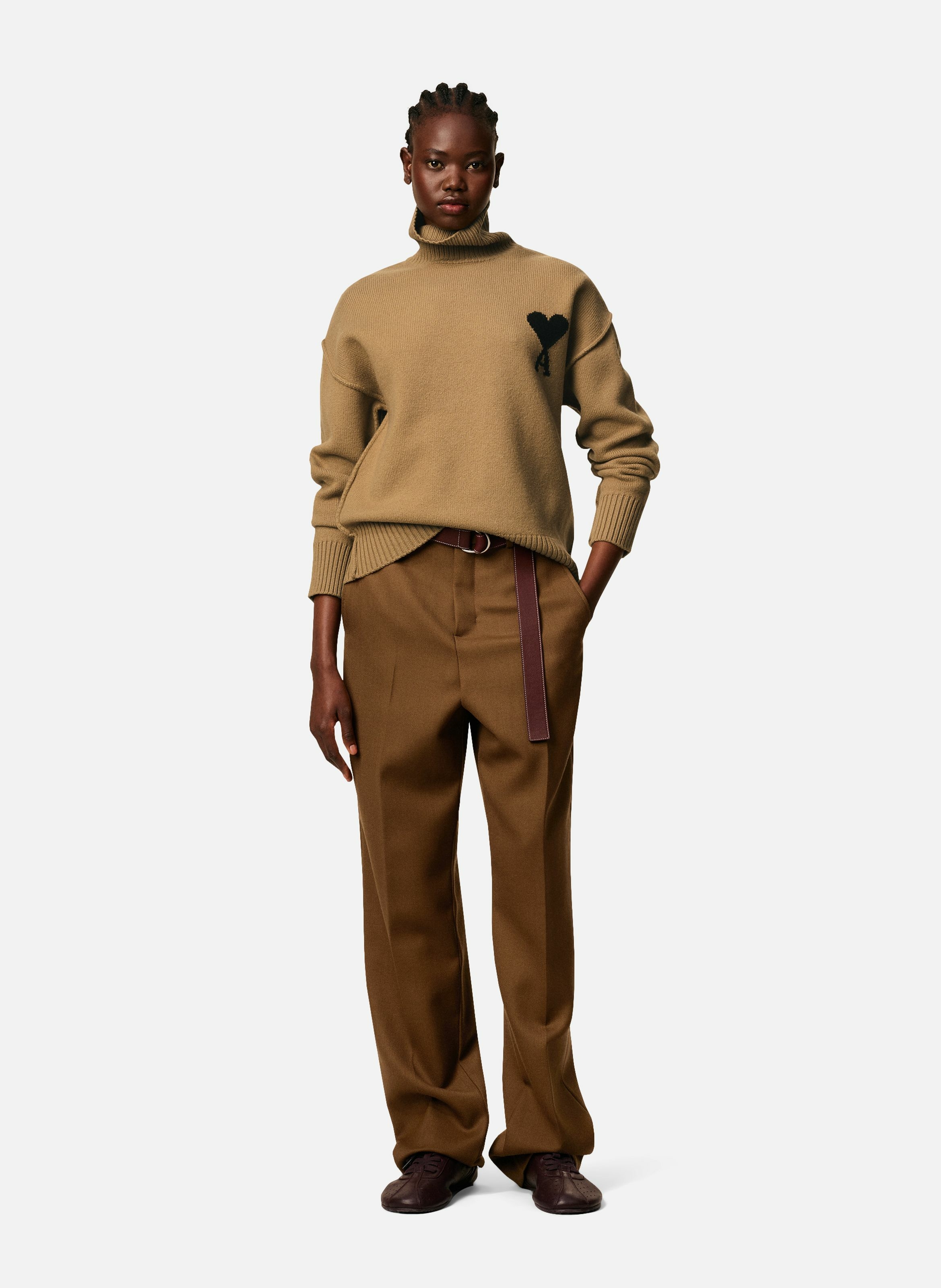 Pull col cheminée ami de coeur en laine unisexe AMI PARIS Marron