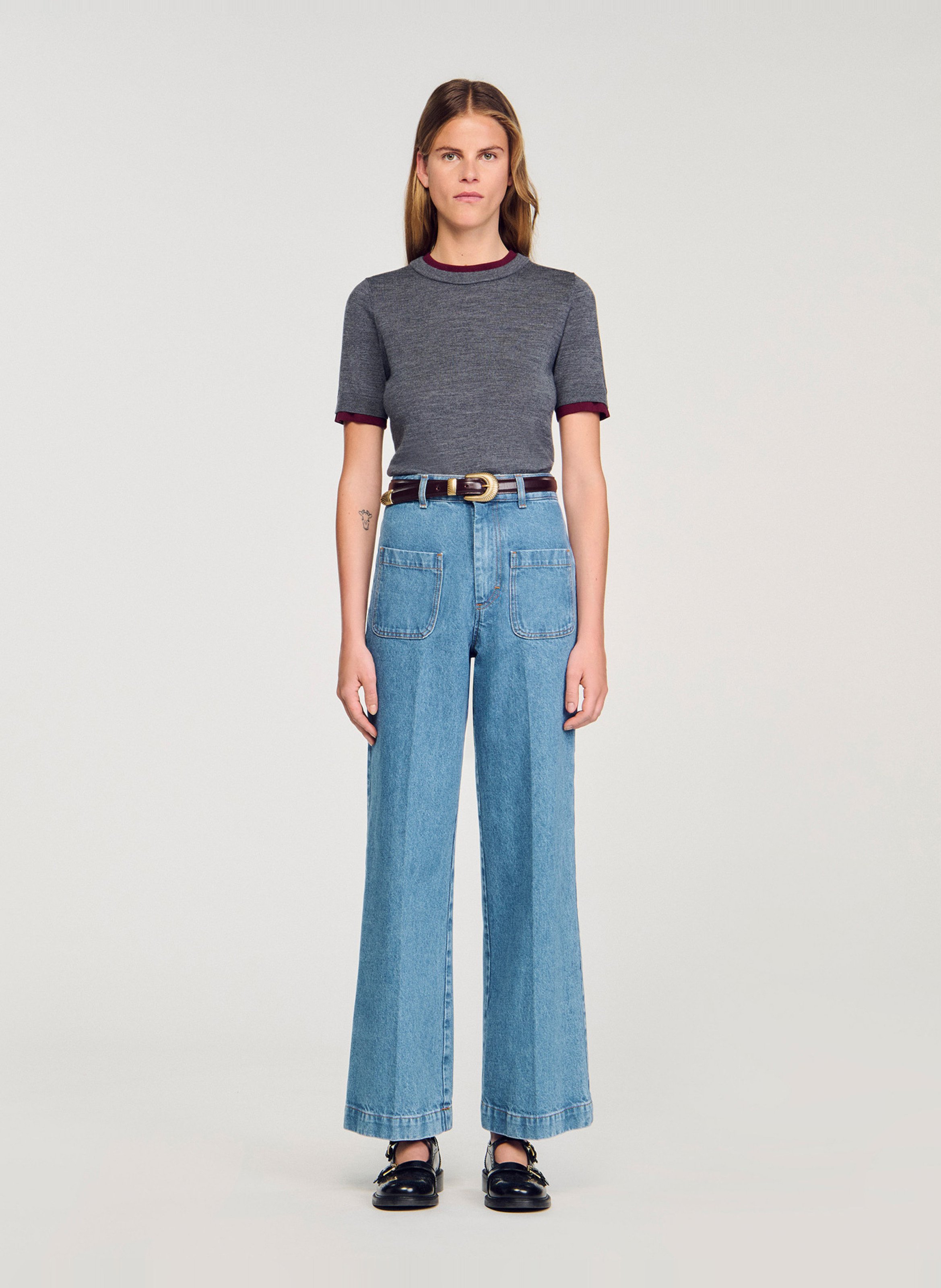 Pull ajusté col rond en laine Gris