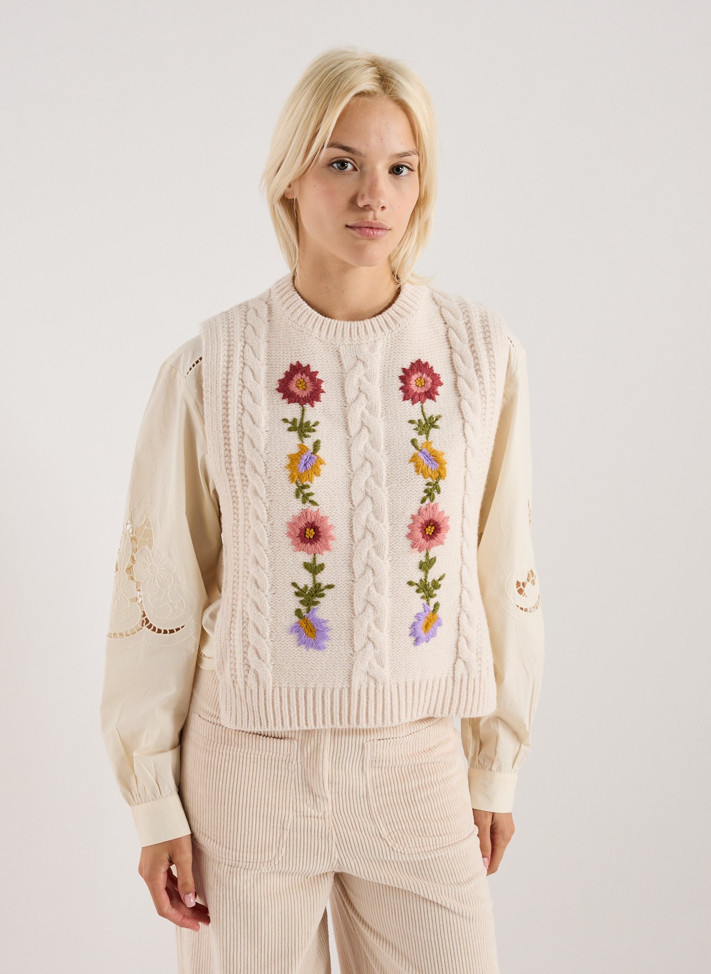 LOUISE MISHA Gilet ouvert brodé sans manches Blanc