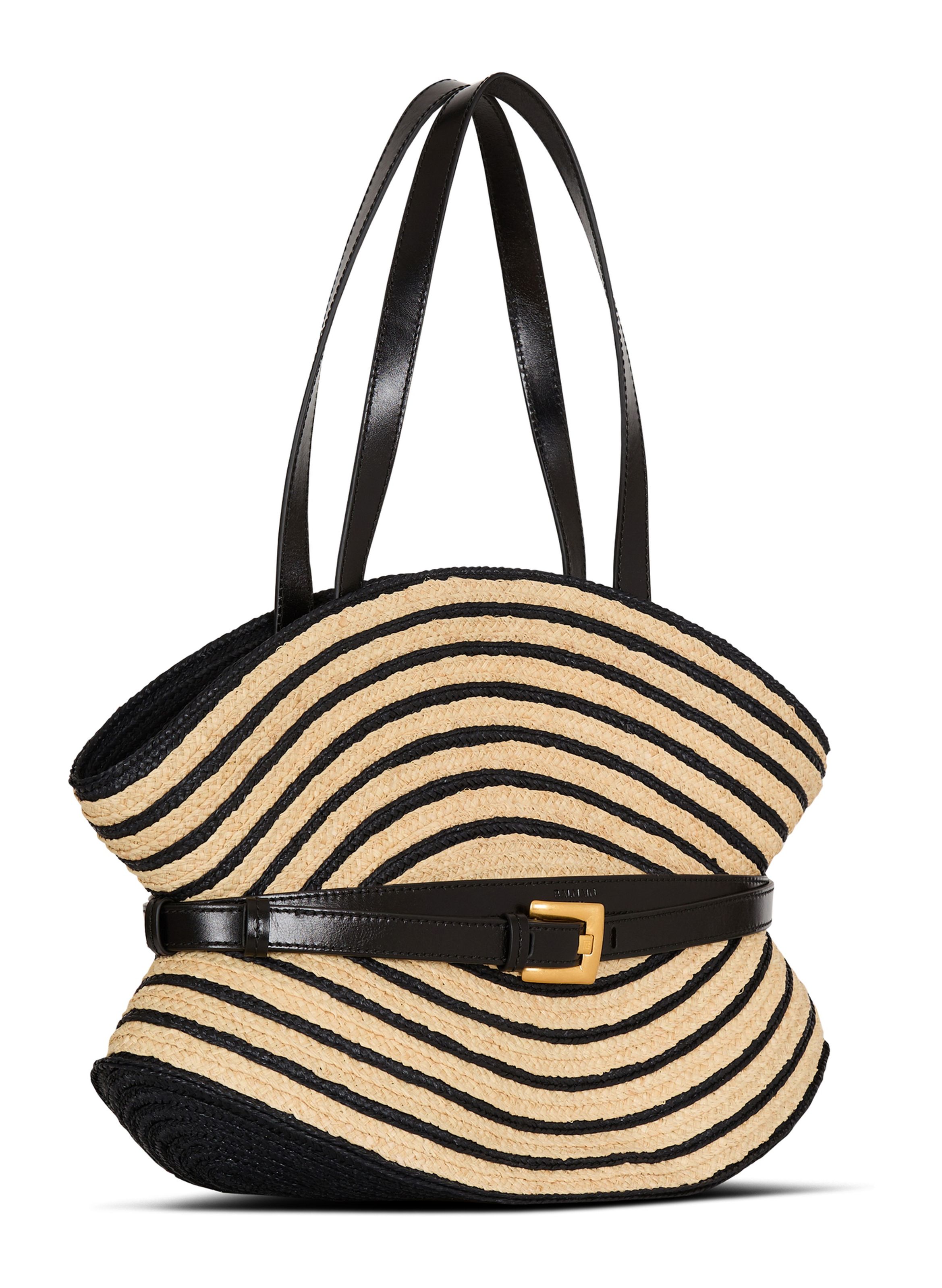 Sac shuffle medium en raphia bicolore et cuir lisse BALMAIN Beige