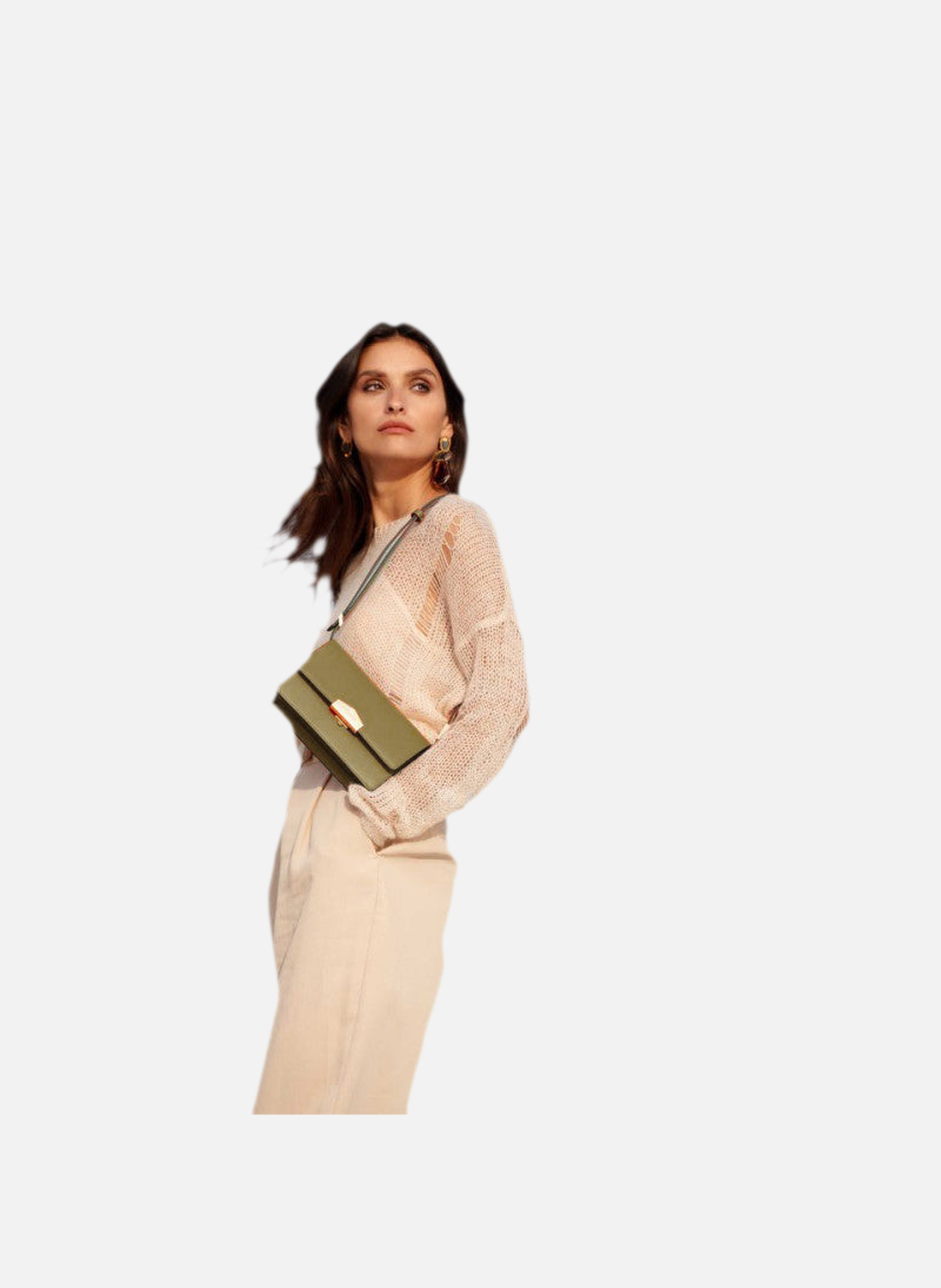 Anjou | sac porté épaule pm en cuir lisse | Kaki POURCHET Femme