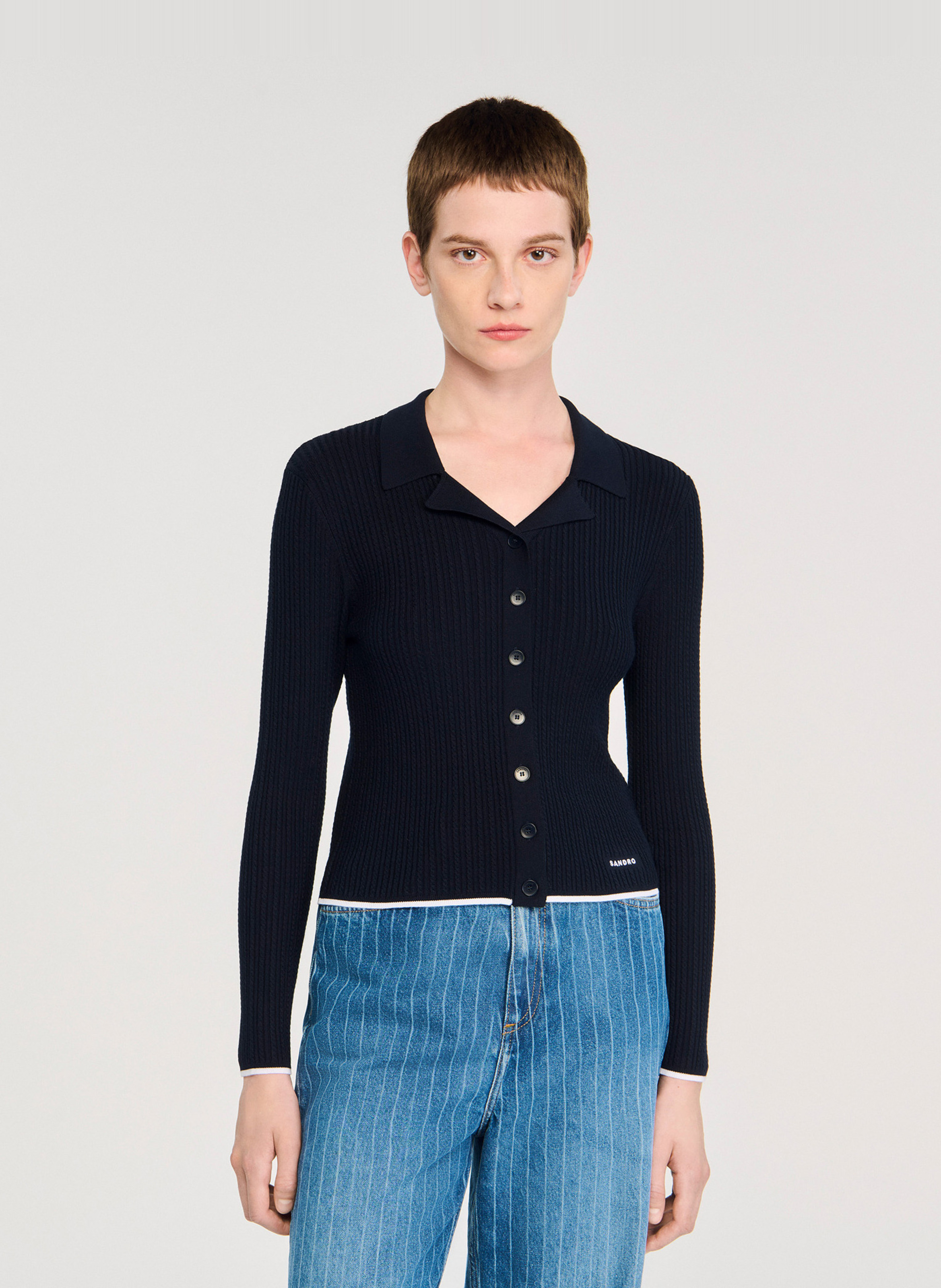 Cardigan ajustée côtelée col classique SANDRO Bleu