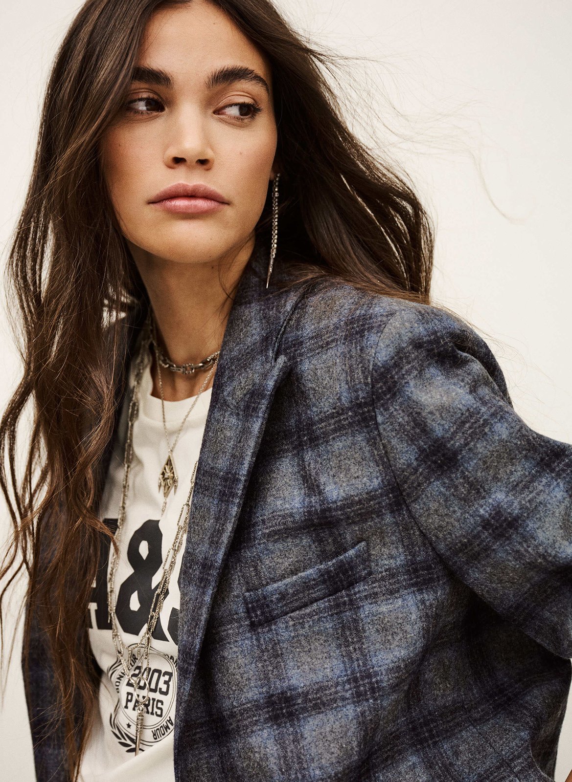 Veste tailleur droite en laine mélangée à carreaux teecee BA&SH Bleu