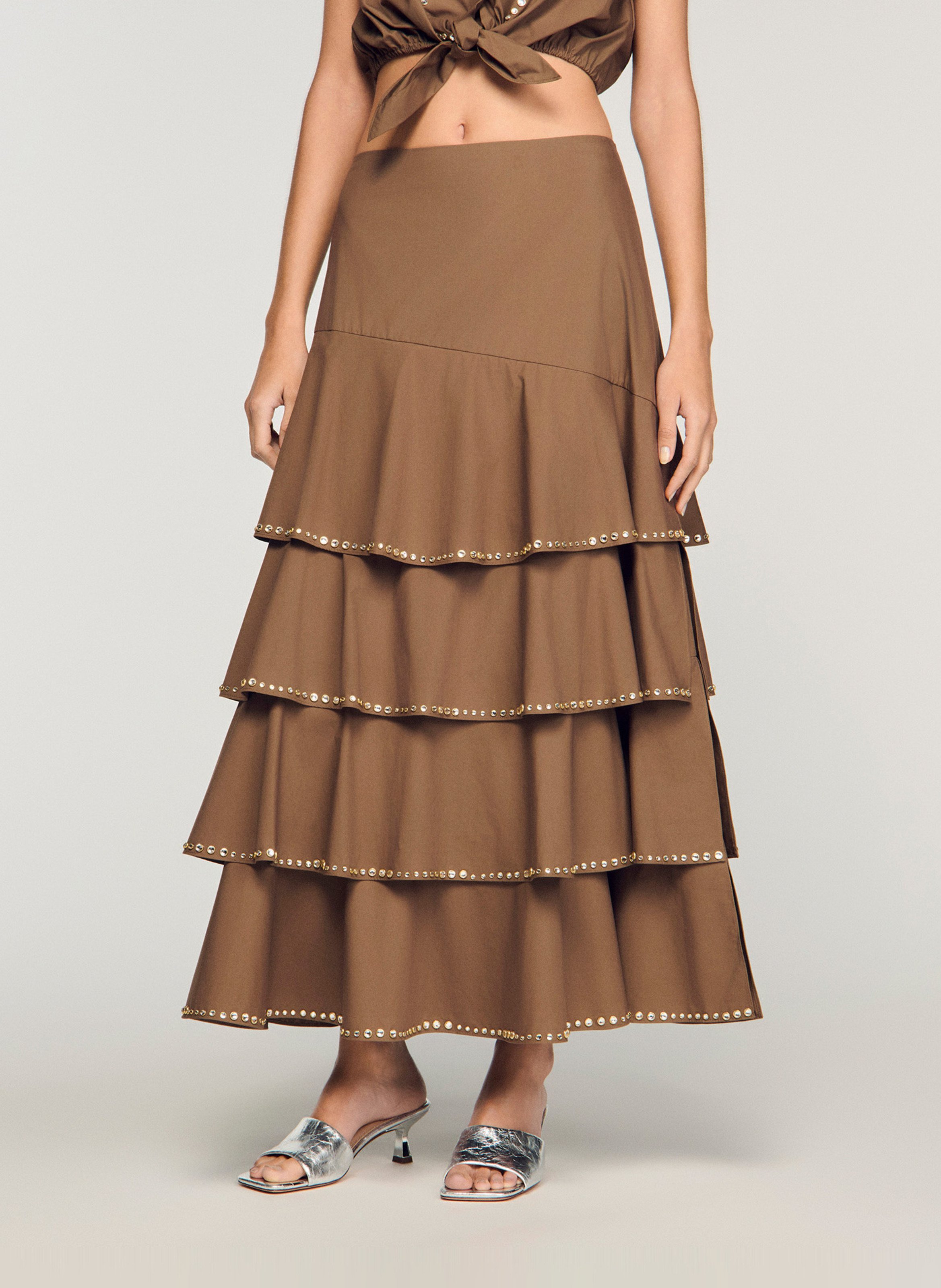 Jupe midi à volants SANDRO Marron