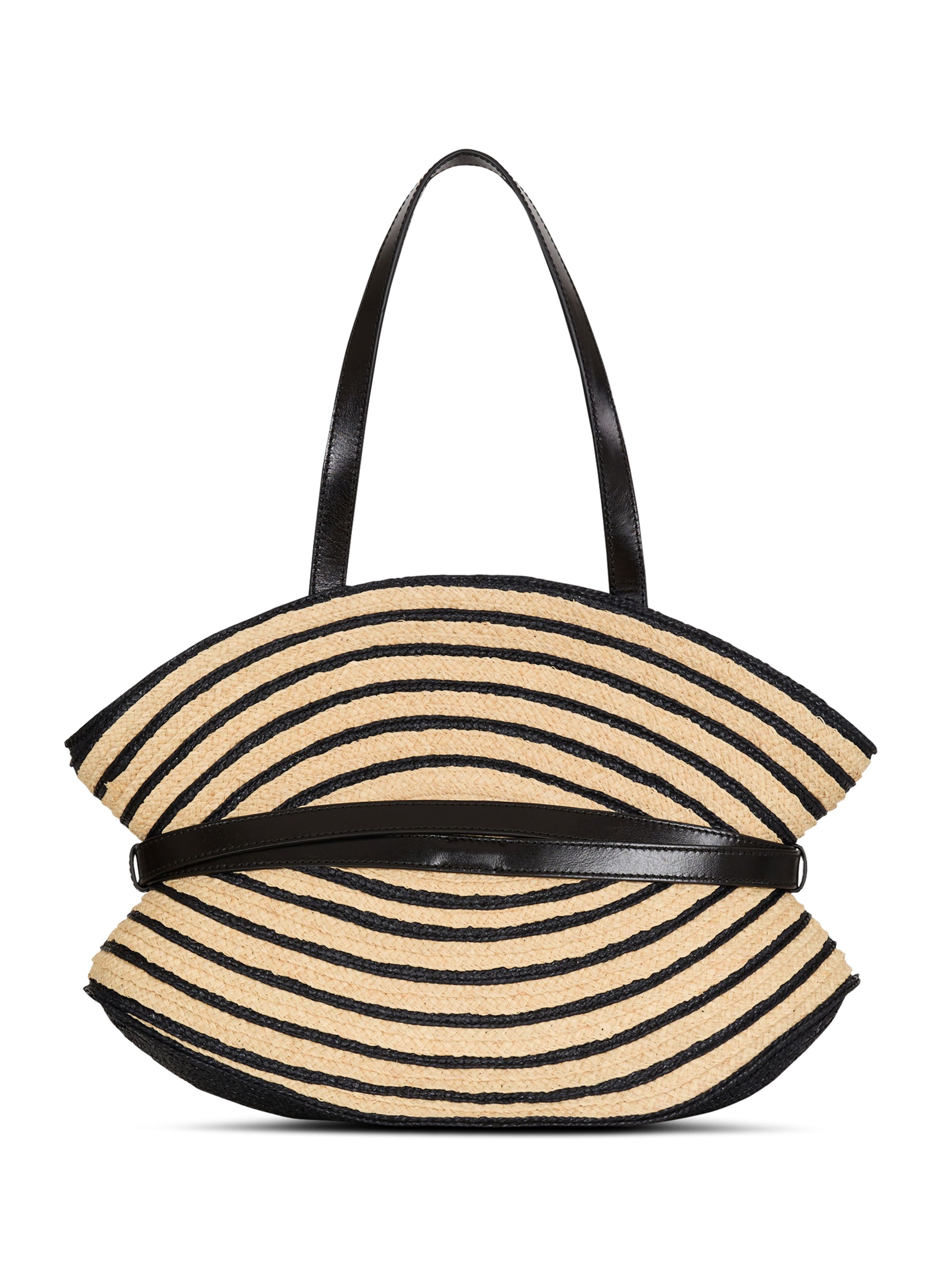 Sac shuffle medium en raphia bicolore et cuir lisse BALMAIN Beige