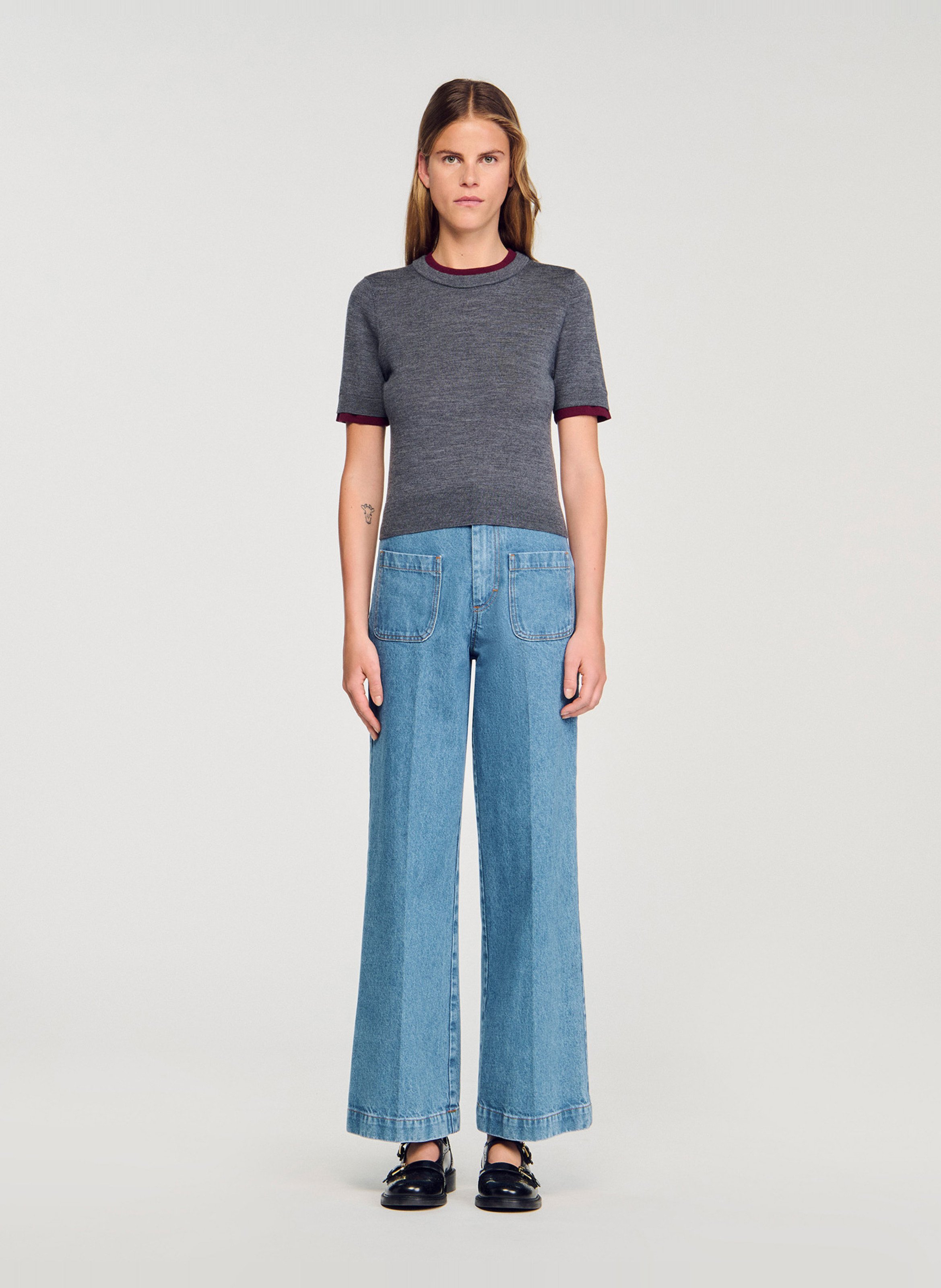 Pull ajusté col rond en laine Gris