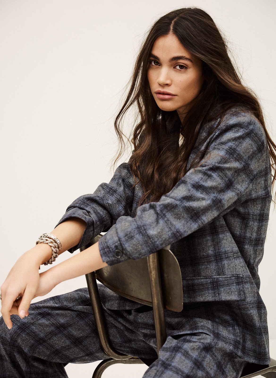 Veste tailleur droite en laine mélangée à carreaux teecee BA&SH Bleu