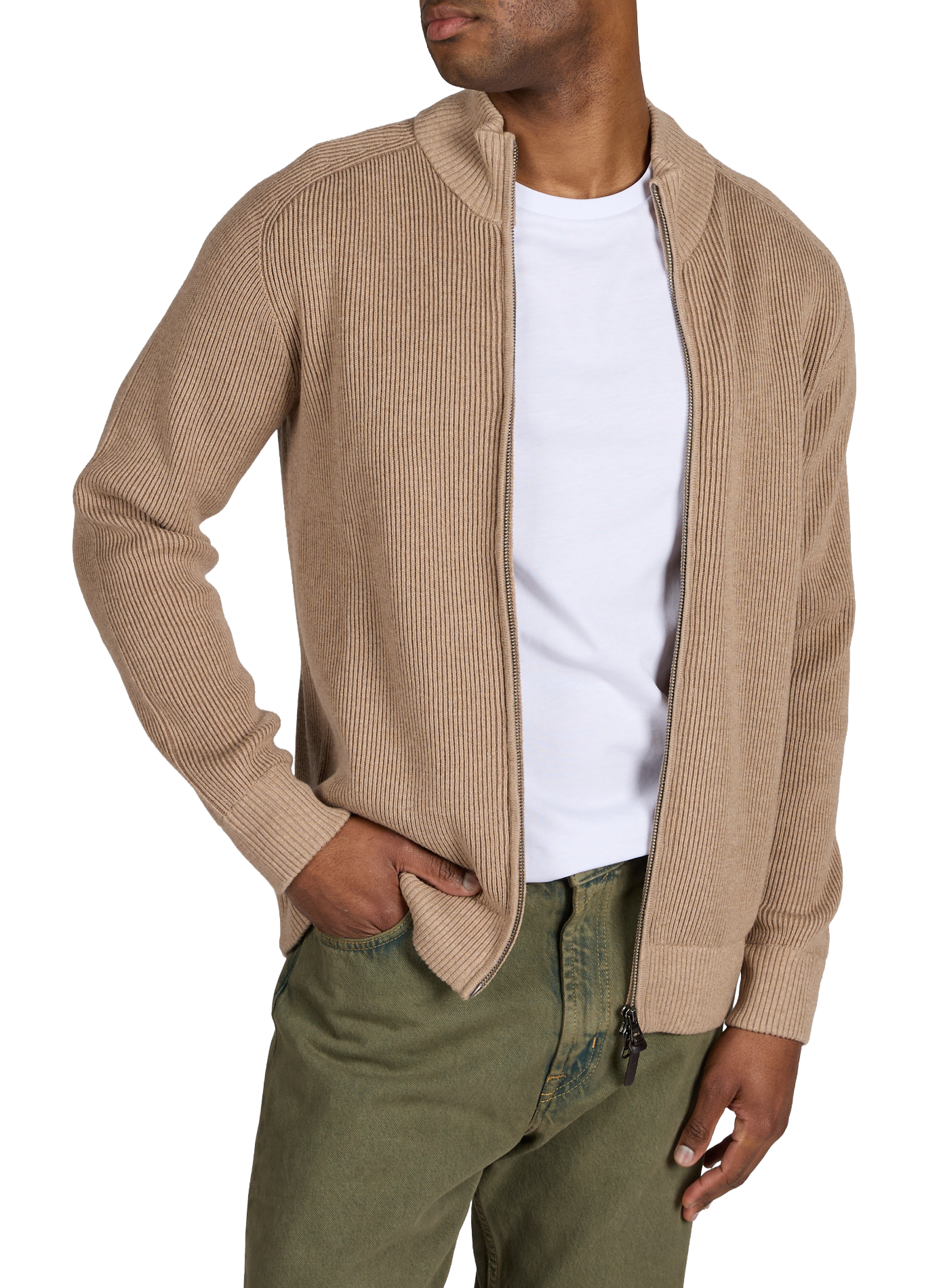 Gilet zippé à col montant en laine et coton HACKETT Beige
