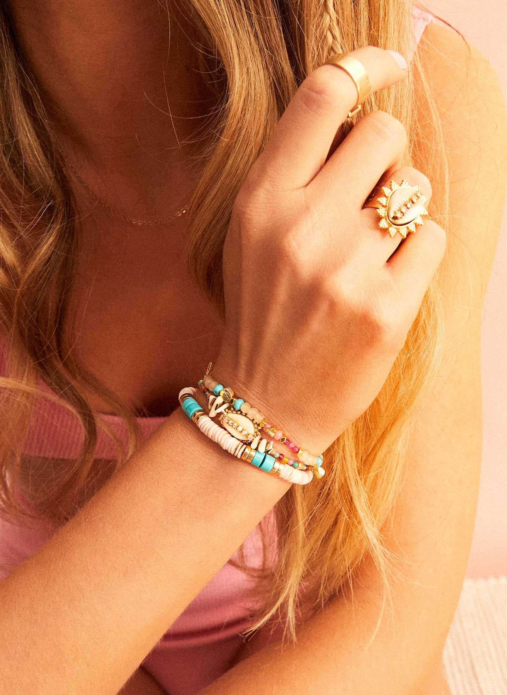 Bracelet manchette multiliens avec perles et coquillage calipso HIPANEMA Doré