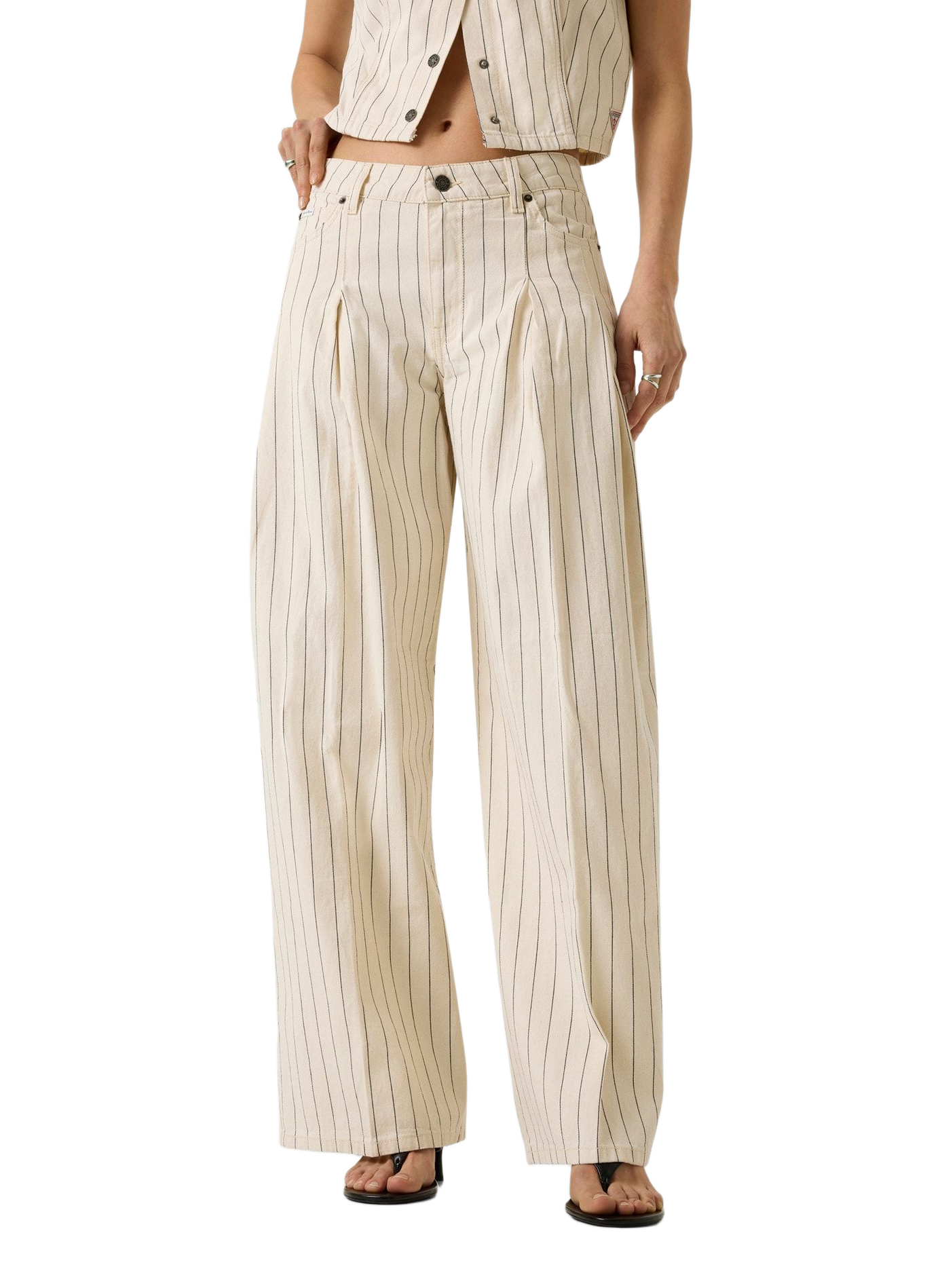 Wide-leg striped cotton jeans GUESS Beige