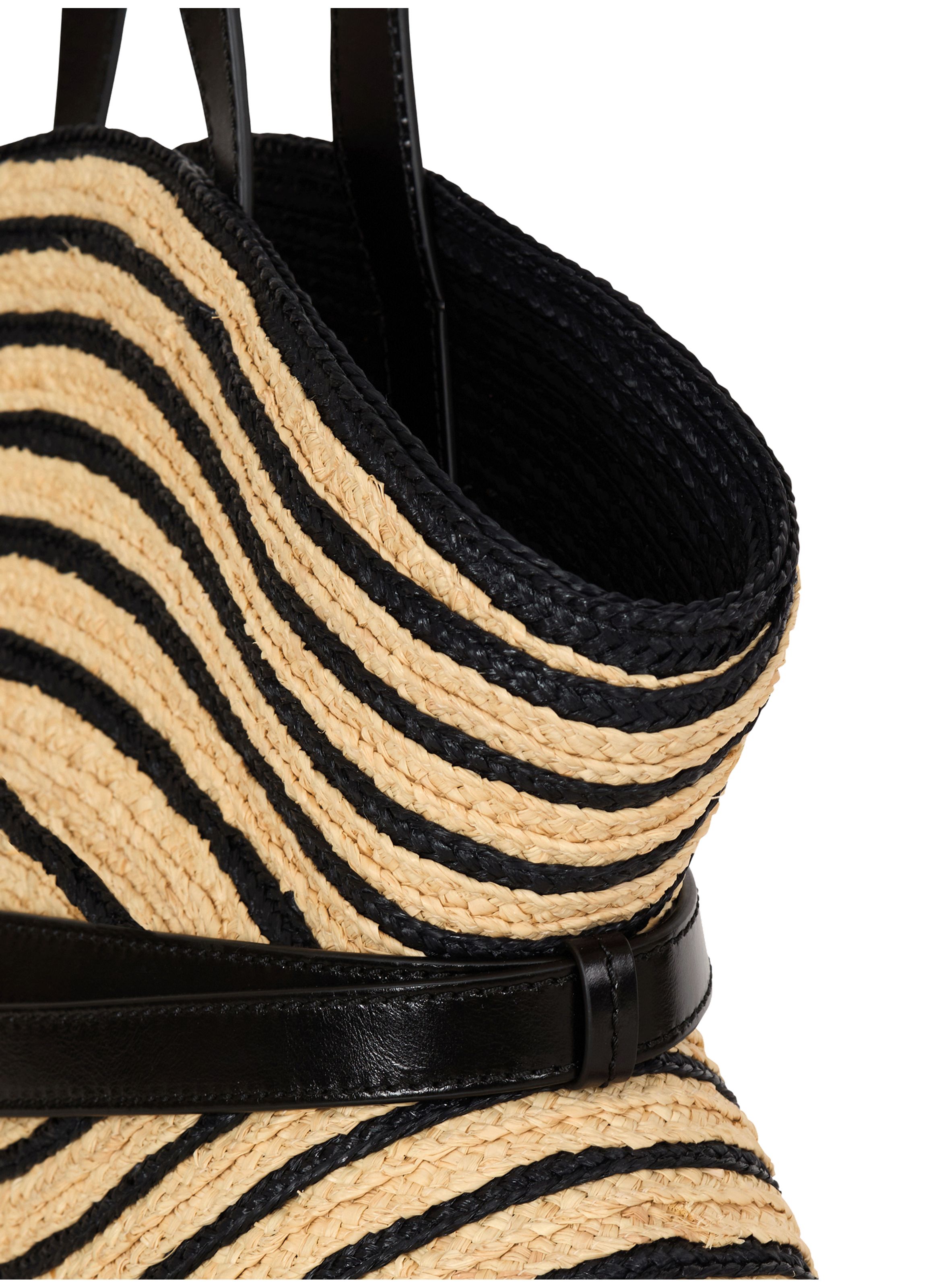 Sac shuffle medium en raphia bicolore et cuir lisse BALMAIN Beige