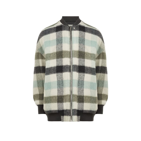 Bomber long à carreaux en laine et alpaga