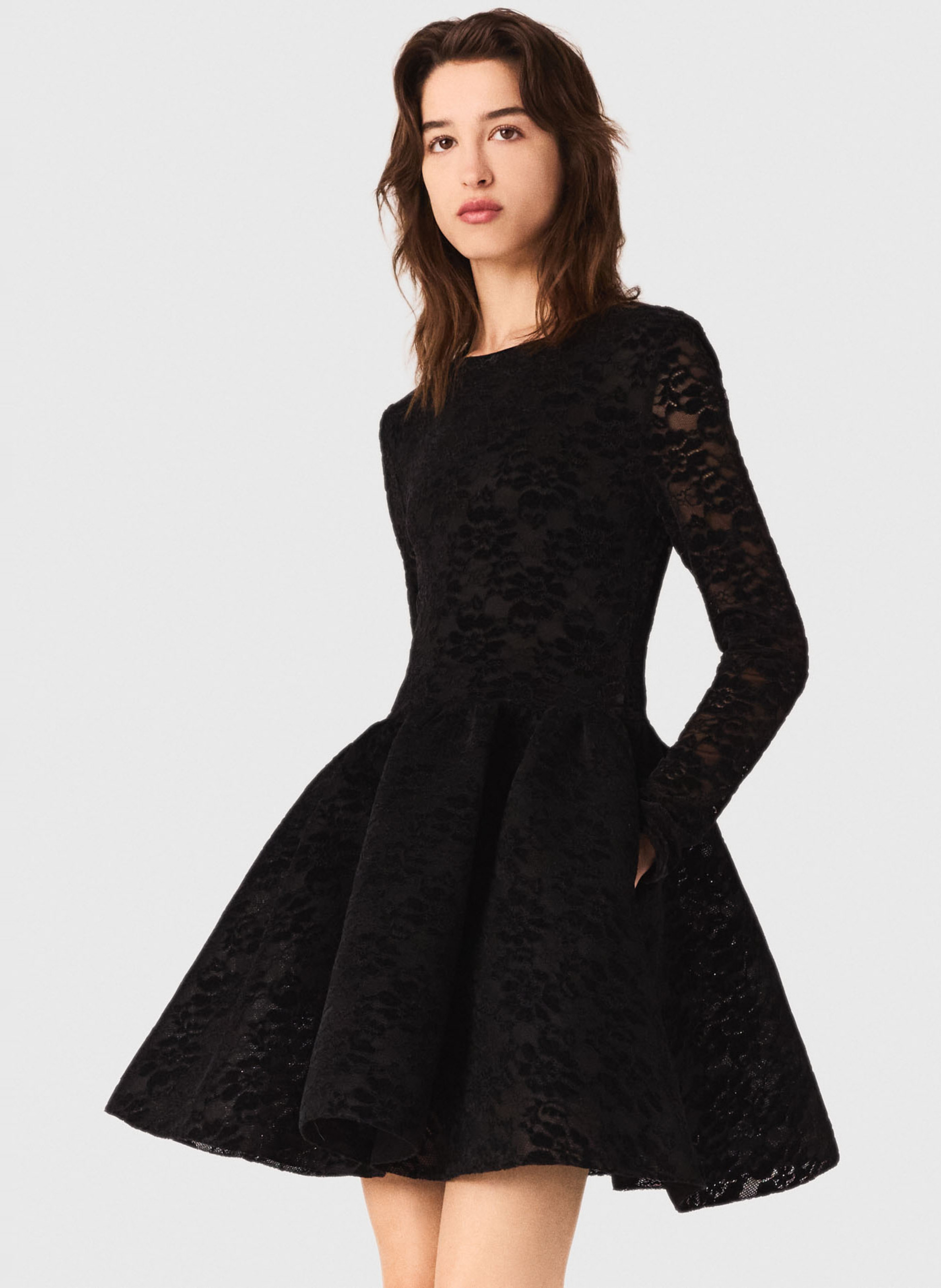 Robe courte en dentelle col rond MAJE Noir